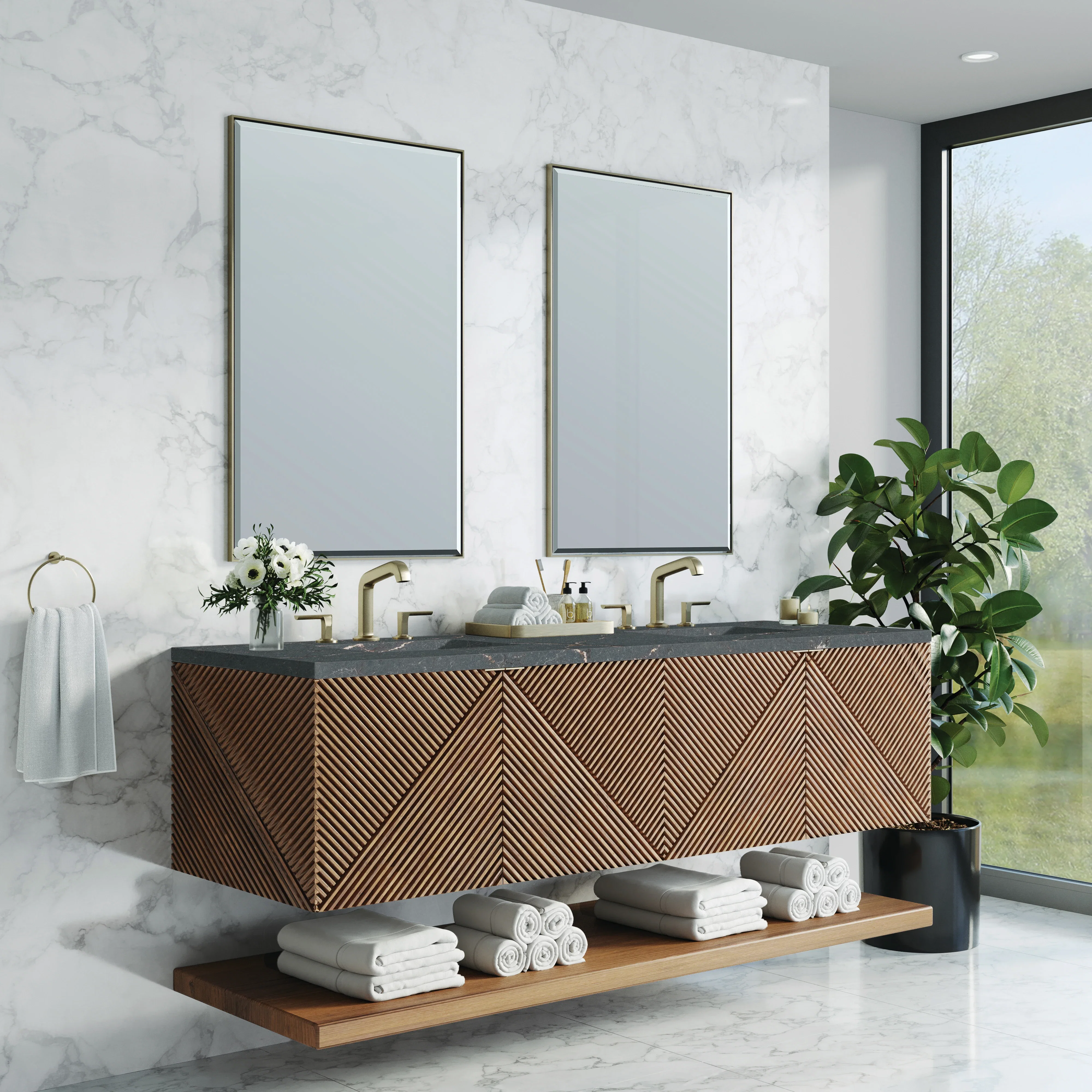 Marcello 72" Double Vanity, Chestnut w/ 3 CM Parisien Bleu Top