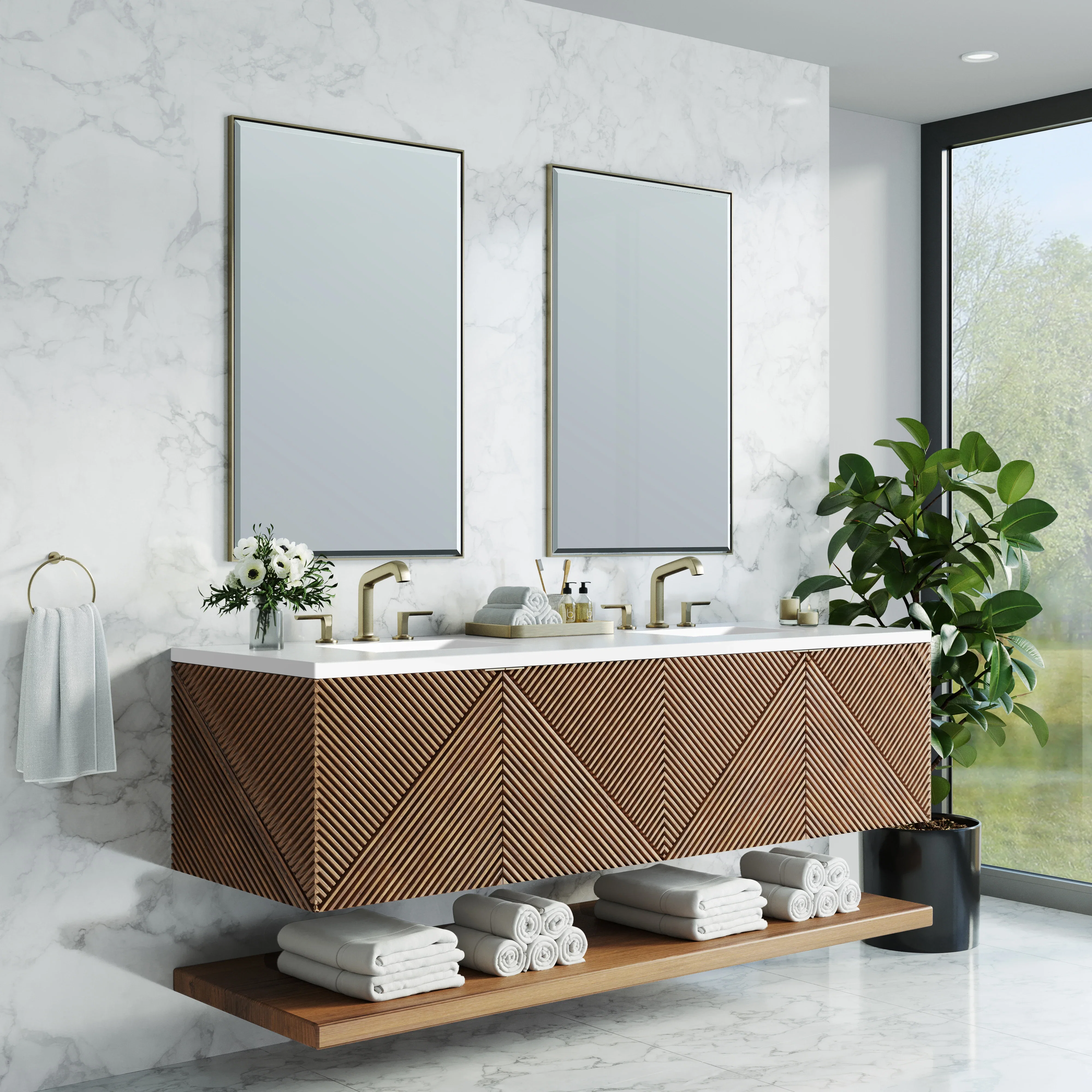 Marcello 72" Double Vanity, Chestnut w/ 3 CM White Zeus Top