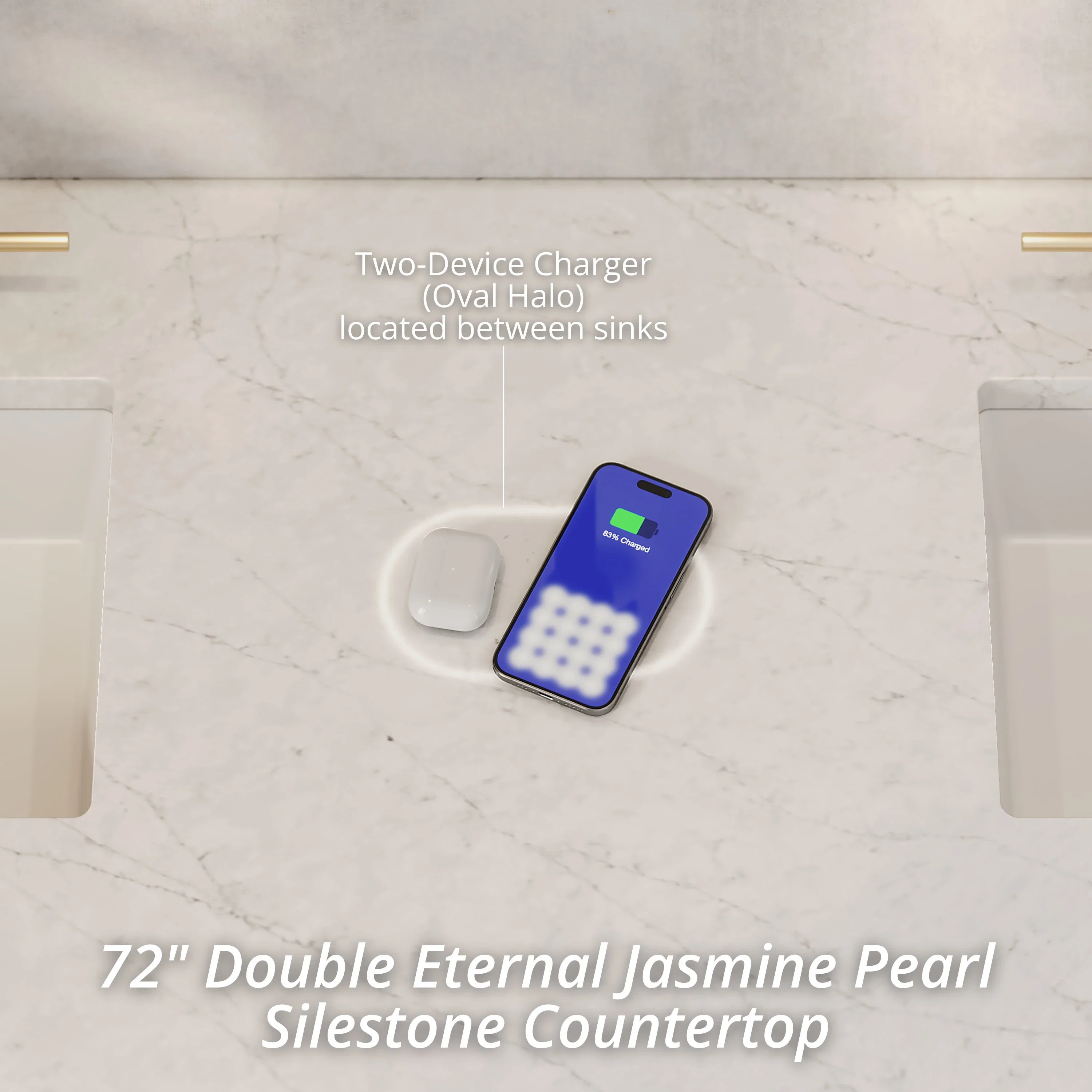 Marcello 72" Double Vanity, Chestnut w/ 3 CM Eternal Jasmine Pearl Top w/FreePower Wireless Charger