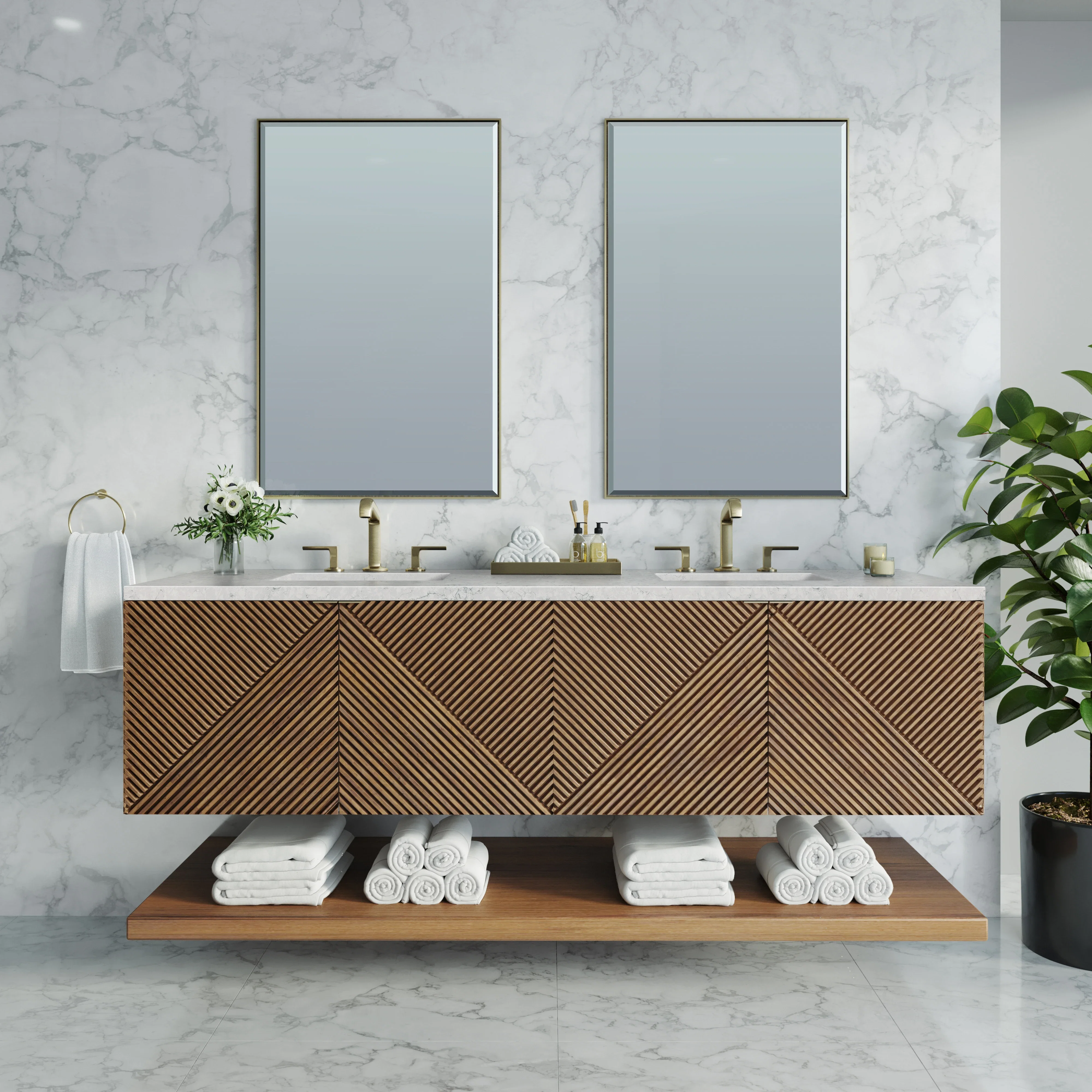 Marcello 72" Double Vanity, Chestnut w/ 3 CM Eternal Jasmine Pearl Top w/FreePower Wireless Charger