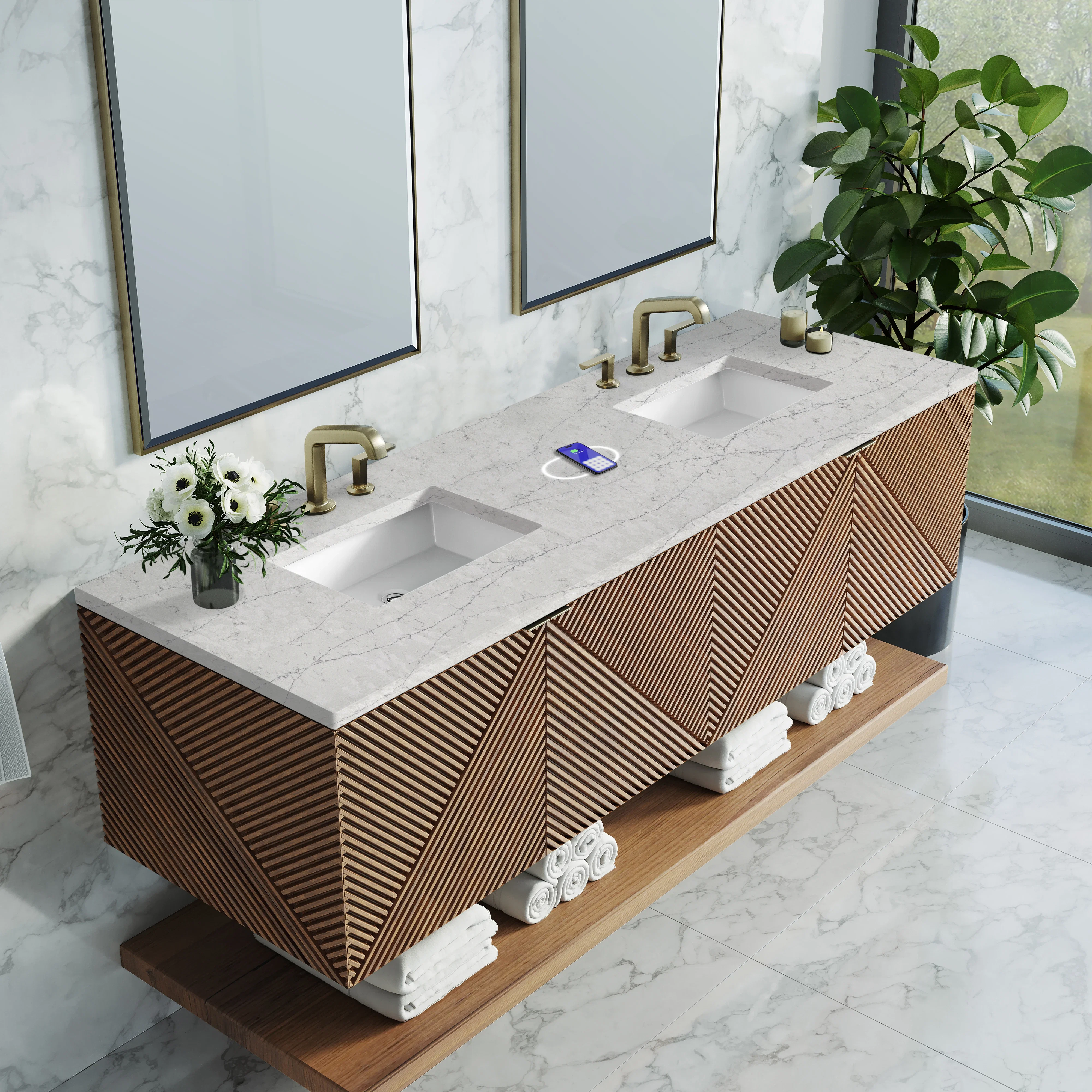 Marcello 72" Double Vanity, Chestnut w/ 3 CM Eternal Jasmine Pearl Top w/FreePower Wireless Charger