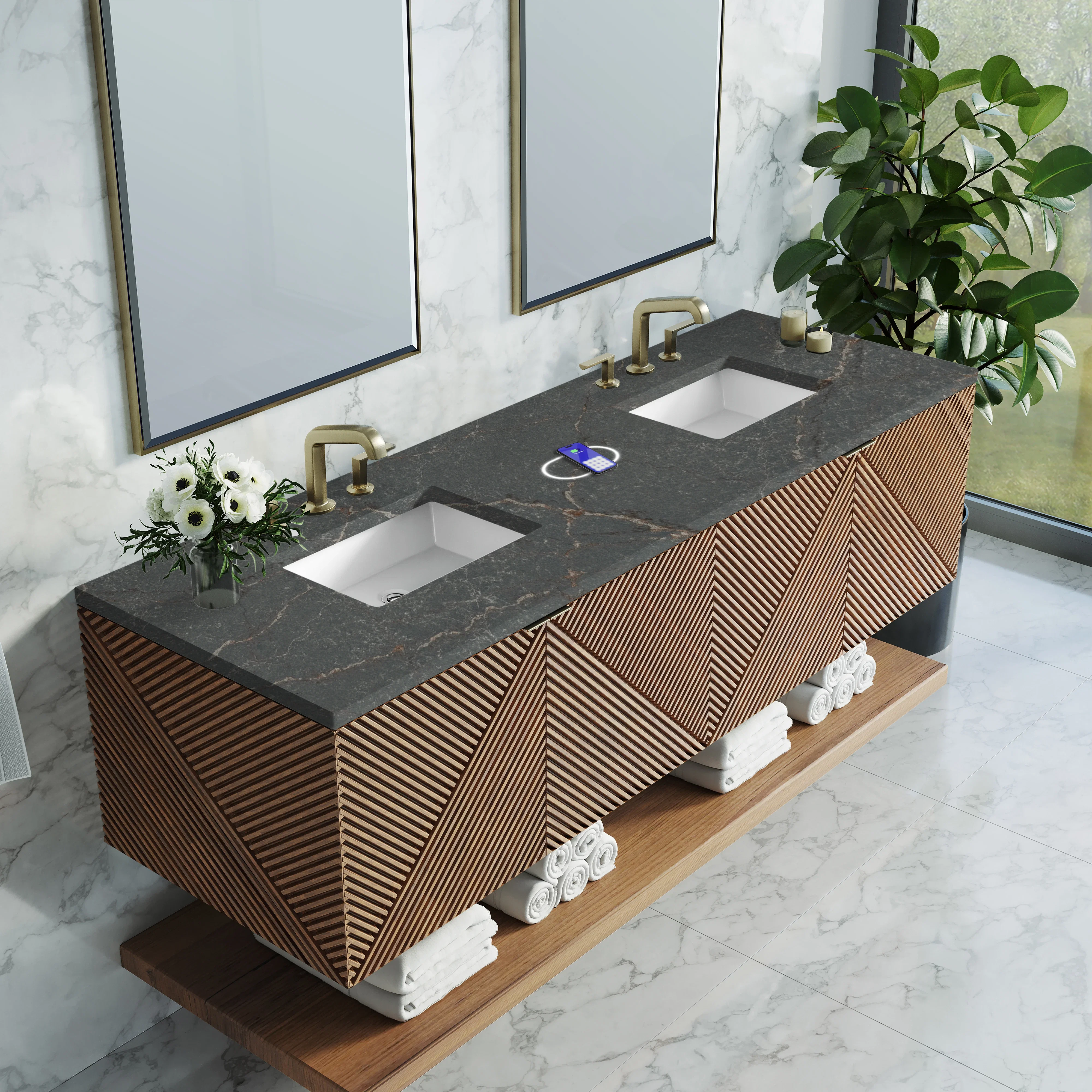Marcello 72" Double Vanity, Chestnut w/ 3 CM Parisien Bleu Top w/FreePower Wireless Charger