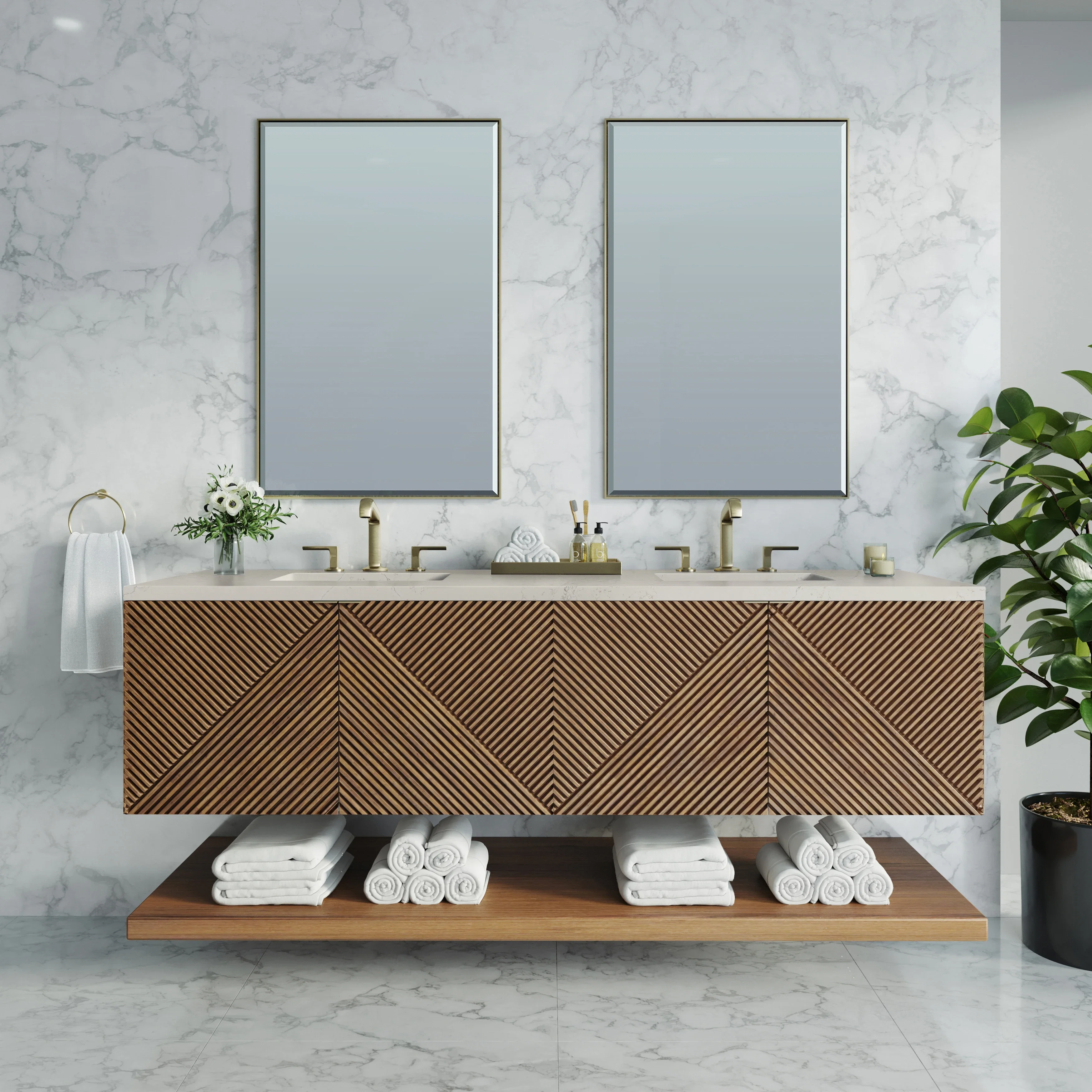 Marcello 72" Double Vanity, Chestnut, w/ 3 CM Siberian Silestone Top w/FreePower Wireless Charger