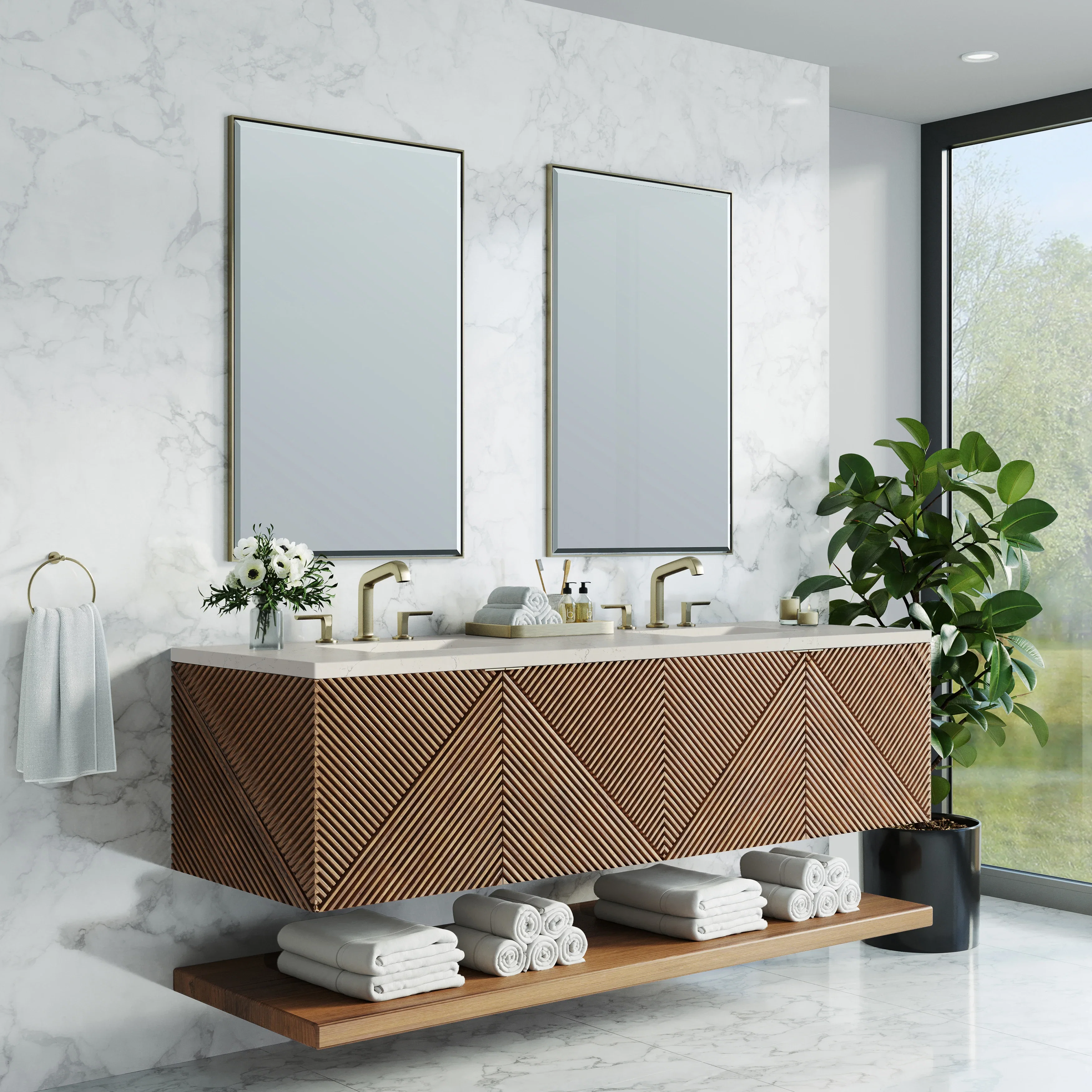 Marcello 72" Double Vanity, Chestnut, w/ 3 CM Siberian Silestone Top w/FreePower Wireless Charger