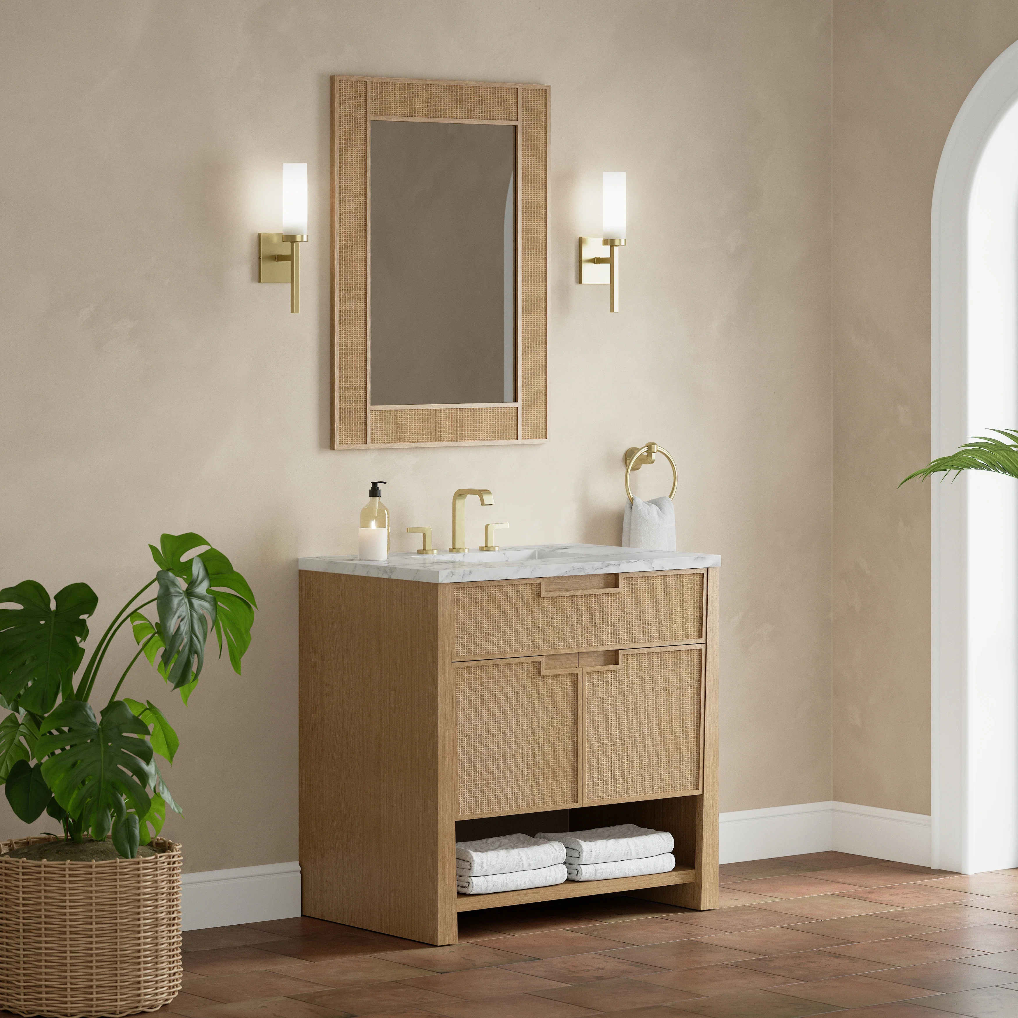 Solene 36" Single Vanity, Seaside Oak, w/ 3 CM Carrara Marble Top