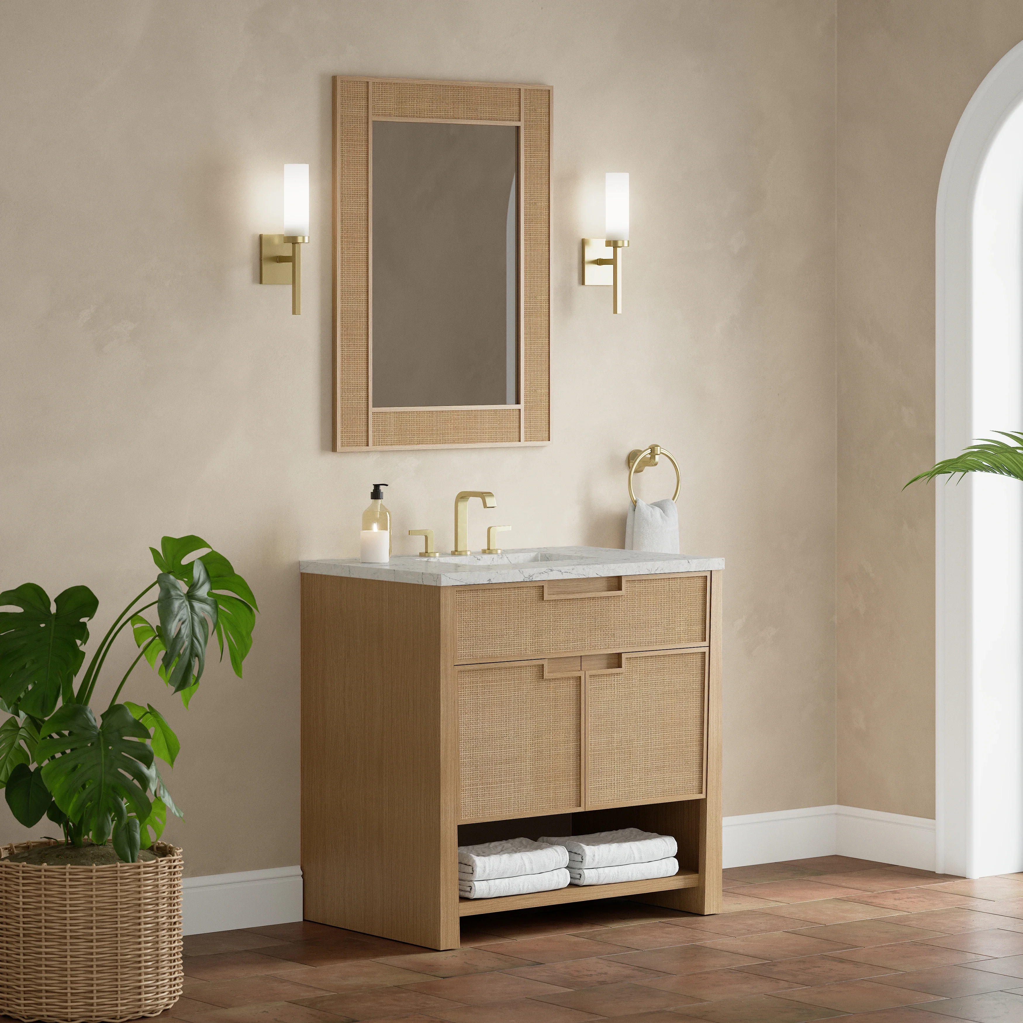 Solene 36" Single Vanity, Seaside Oak, w/ 3 CM Eternal Jasmine Pearl Quartz Top