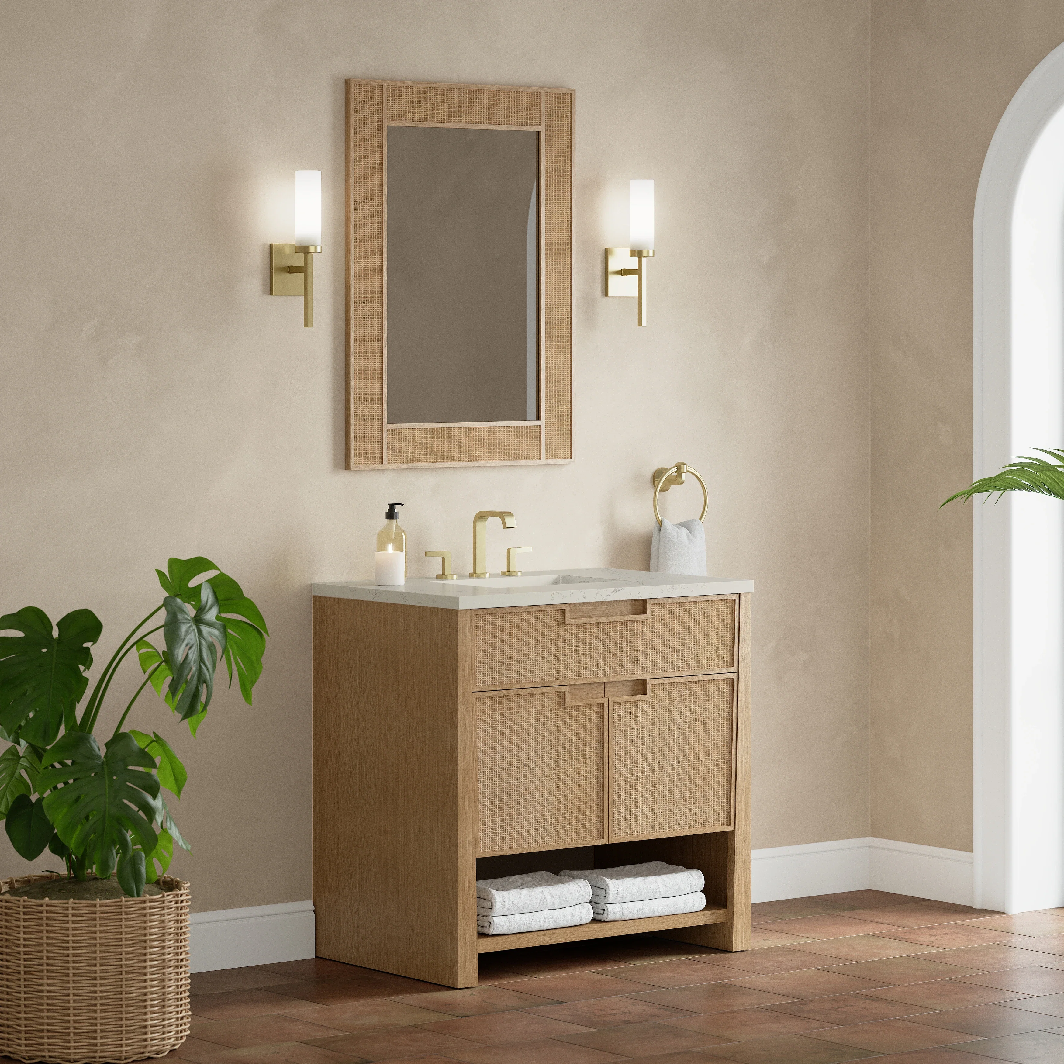 Solene 36" Single Vanity, Seaside Oak, w/ 3 CM Siberian Silestone Top