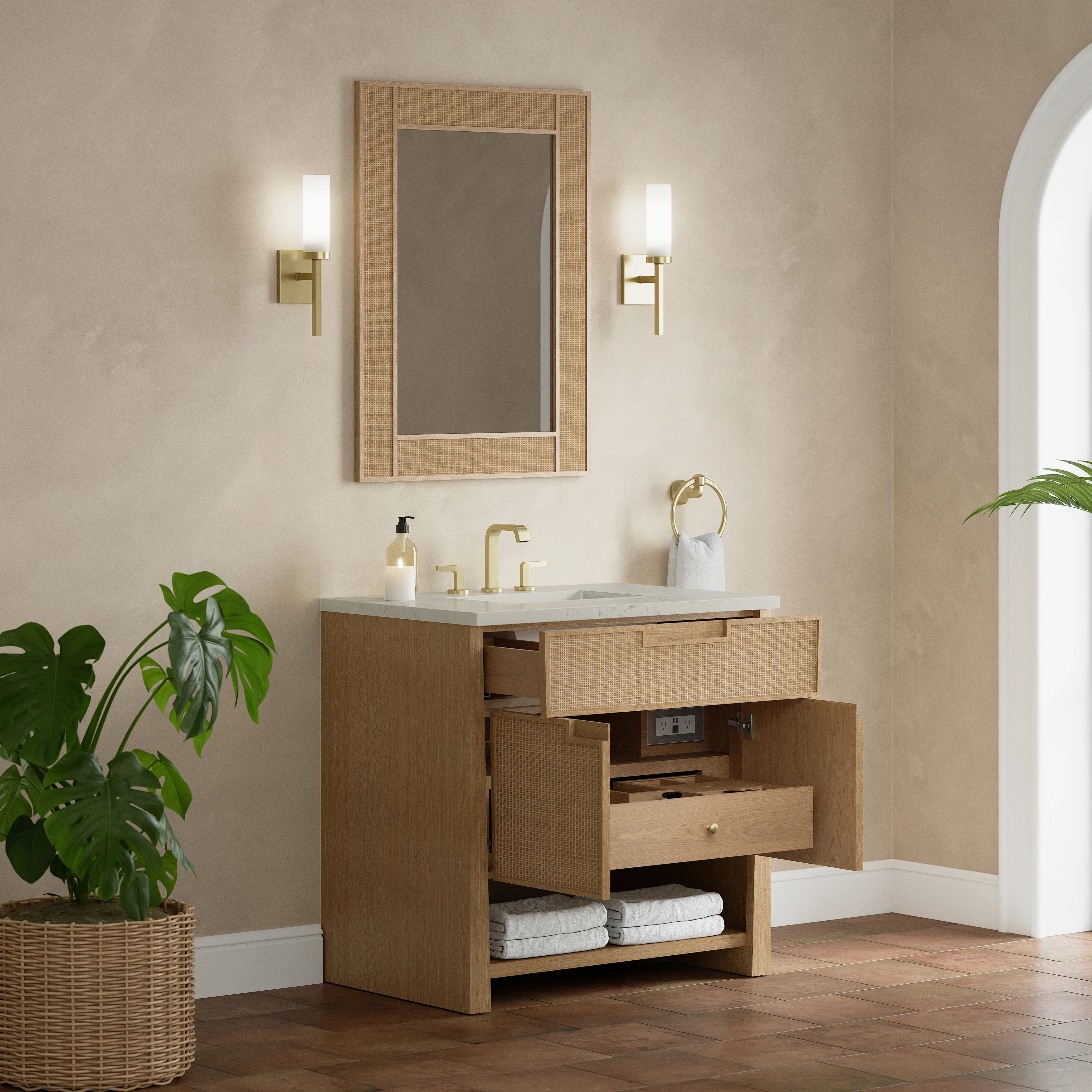 Solene 36" Single Vanity, Seaside Oak, w/ 3 CM Siberian Silestone Top