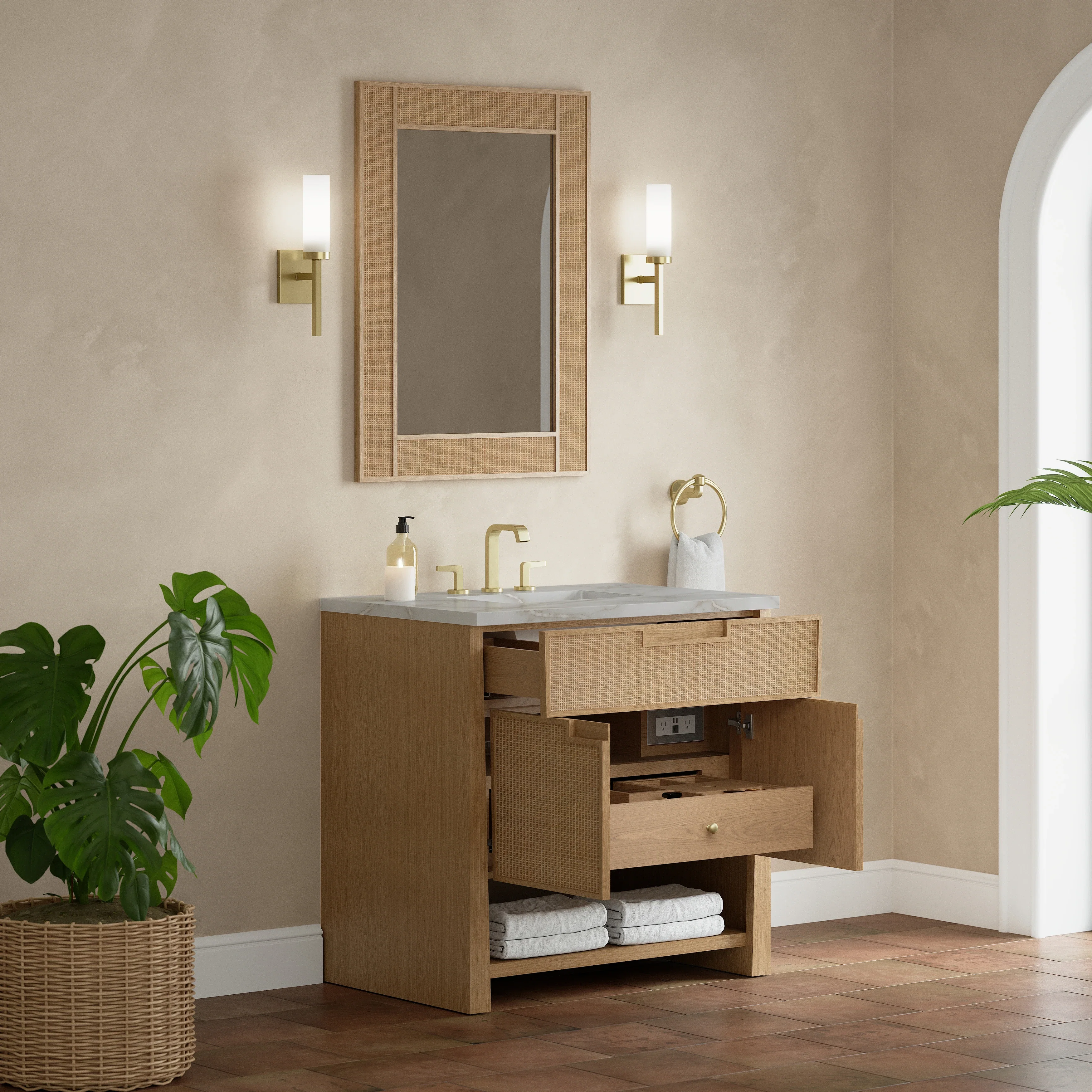 Solene 36" Single Vanity, Seaside Oak, w/ 3 CM Victorian Silver Quartz Top