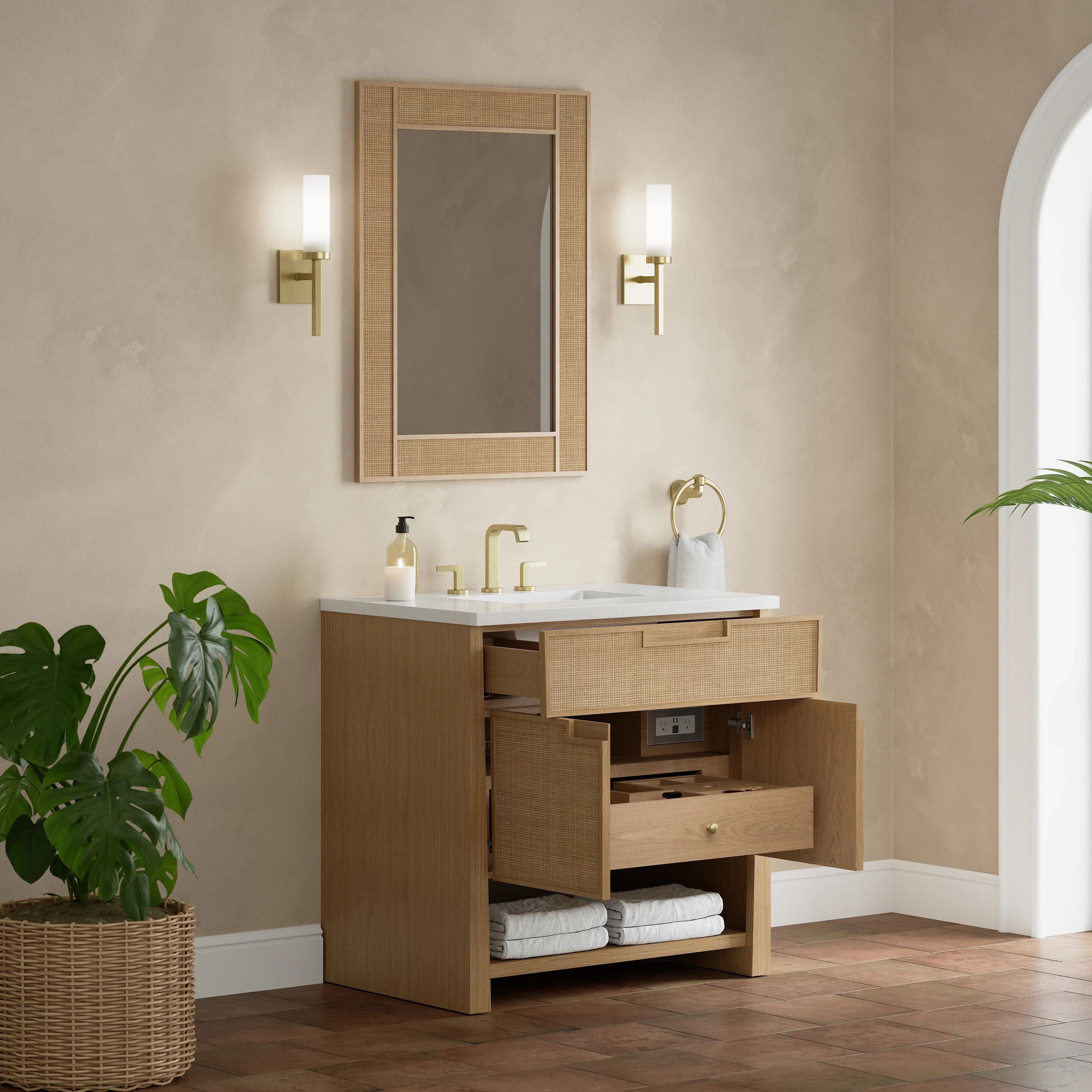 Solene 36" Single Vanity, Seaside Oak, w/ 3 CM White Zeus Quartz Top