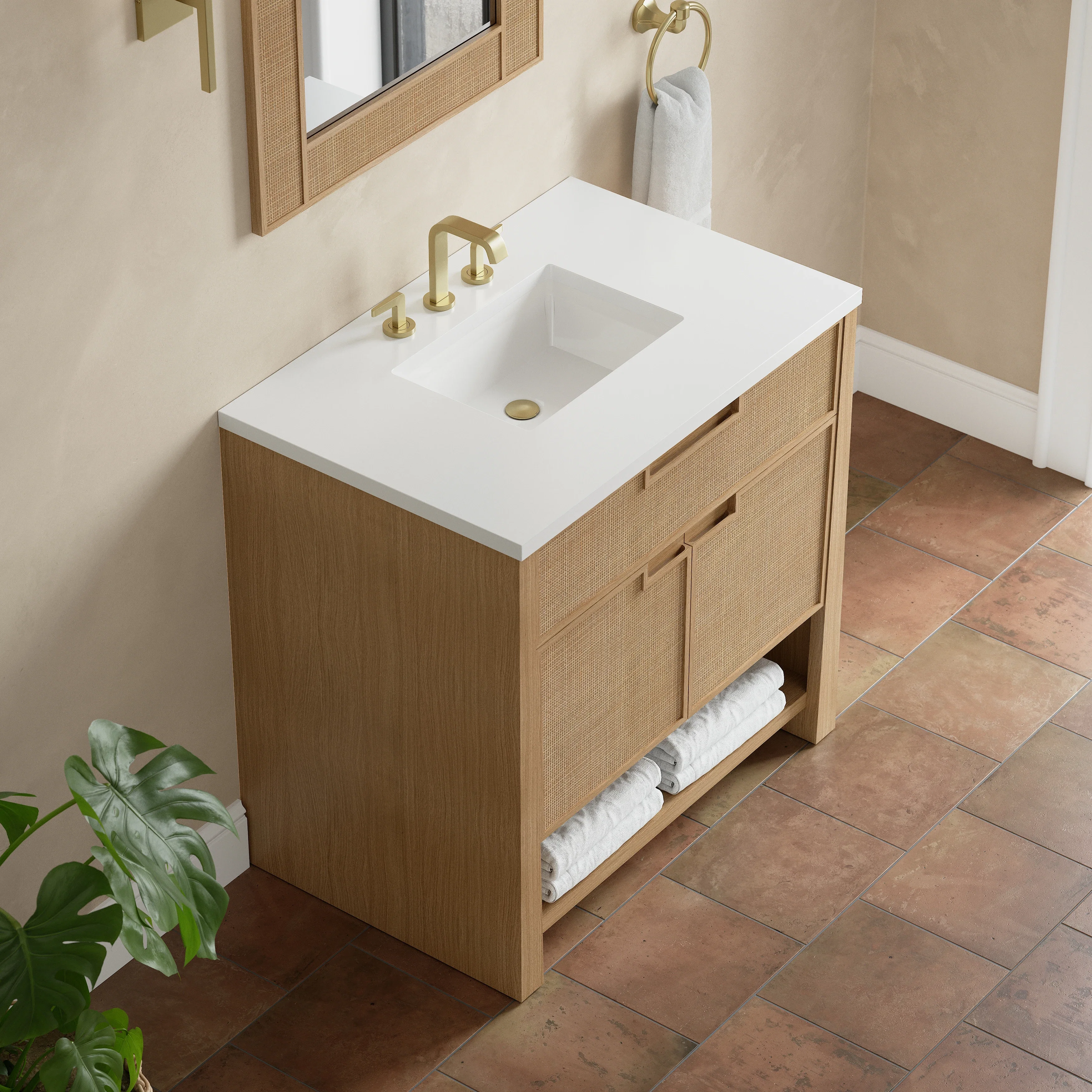 Solene 36" Single Vanity, Seaside Oak, w/ 3 CM White Zeus Quartz Top
