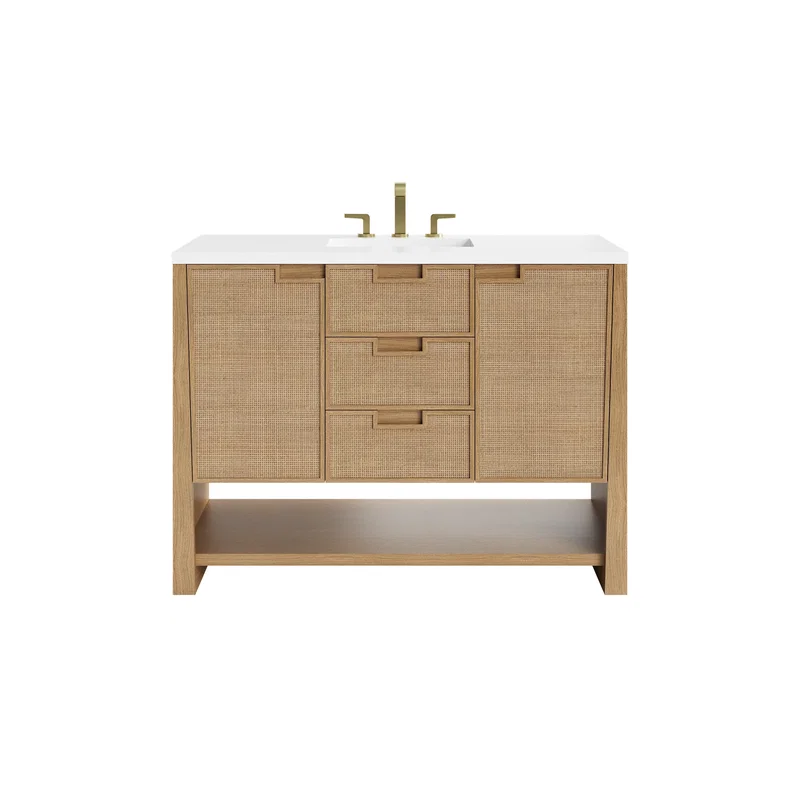 Solene 48" Single Vanity, Seaside Oak, w/ Single Hole 3 CM White Zeus Quartz Top & Backsplash