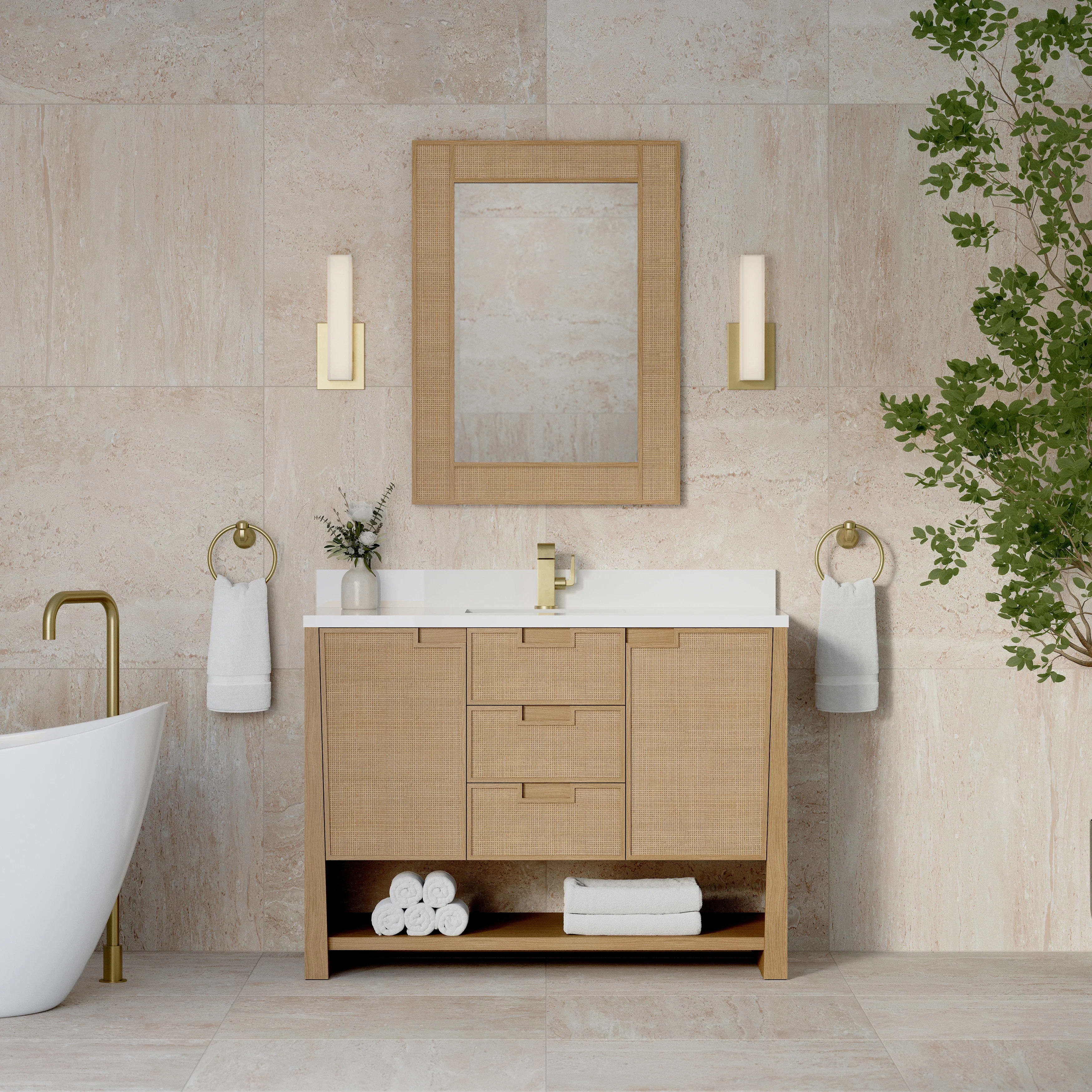 Solene 48" Single Vanity, Seaside Oak, w/ Single Hole 3 CM White Zeus Quartz Top & Backsplash