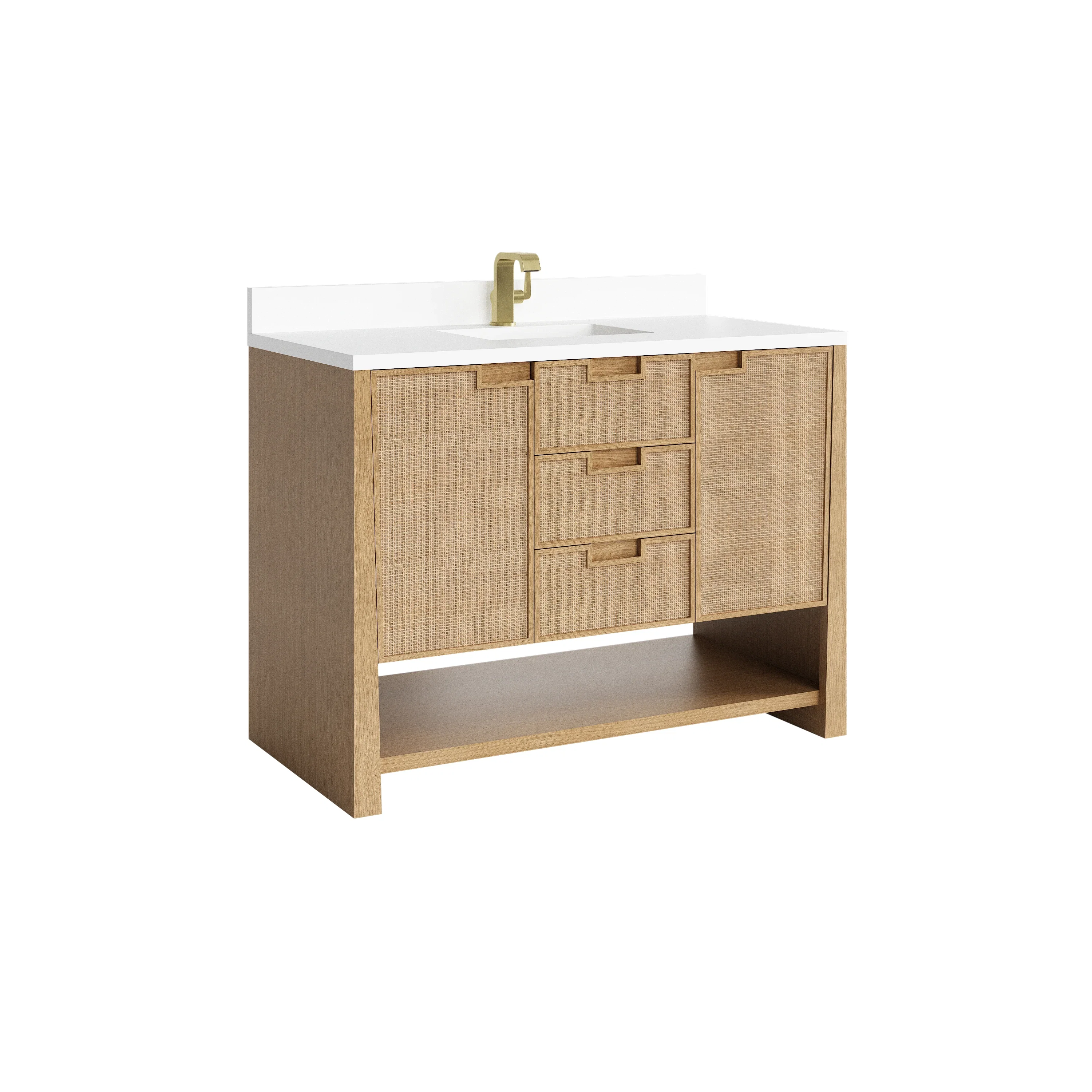 Solene 48" Single Vanity, Seaside Oak, w/ Single Hole 3 CM White Zeus Quartz Top & Backsplash