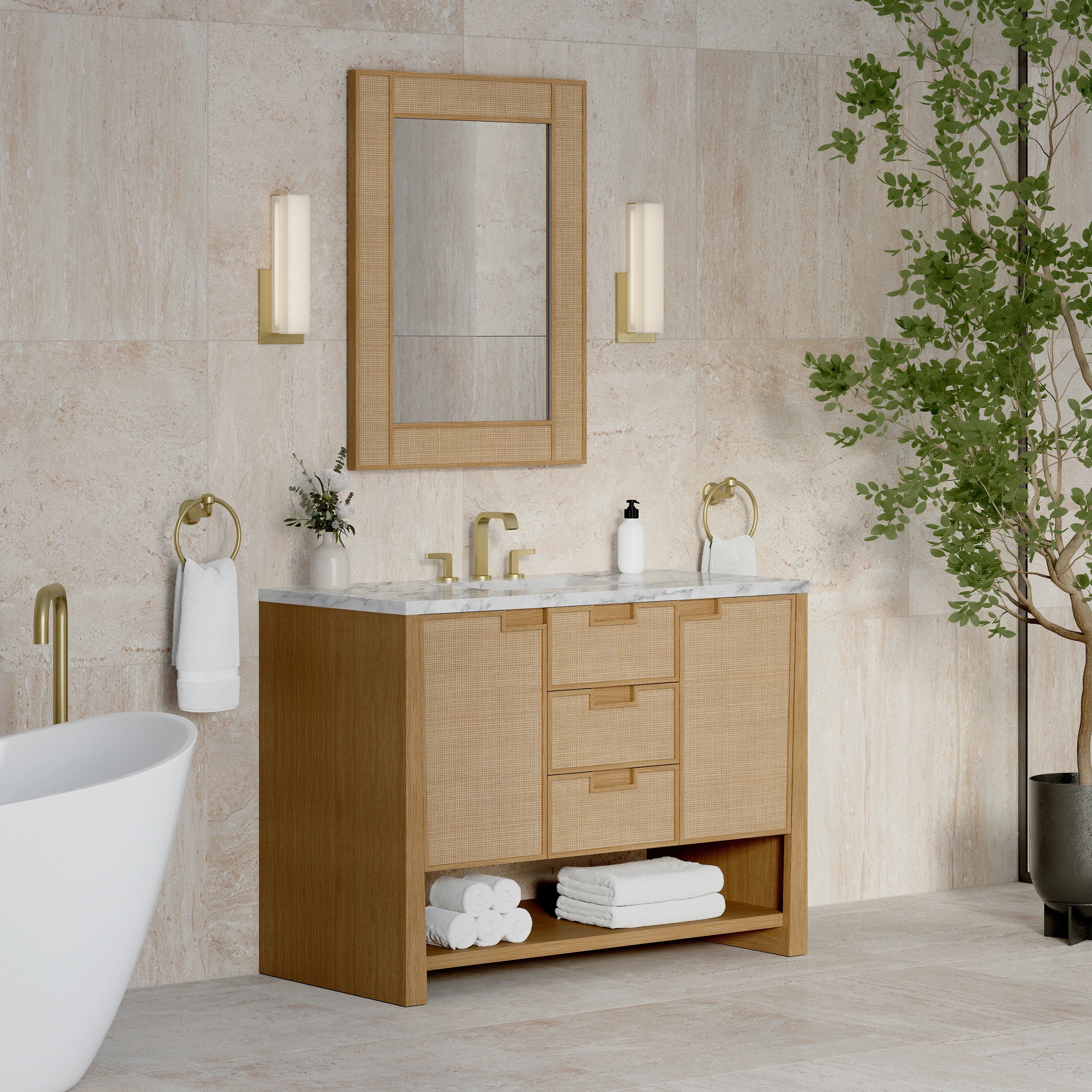 Solene 48" Single Vanity, Seaside Oak, w/ 3 CM Carrara Marble Top