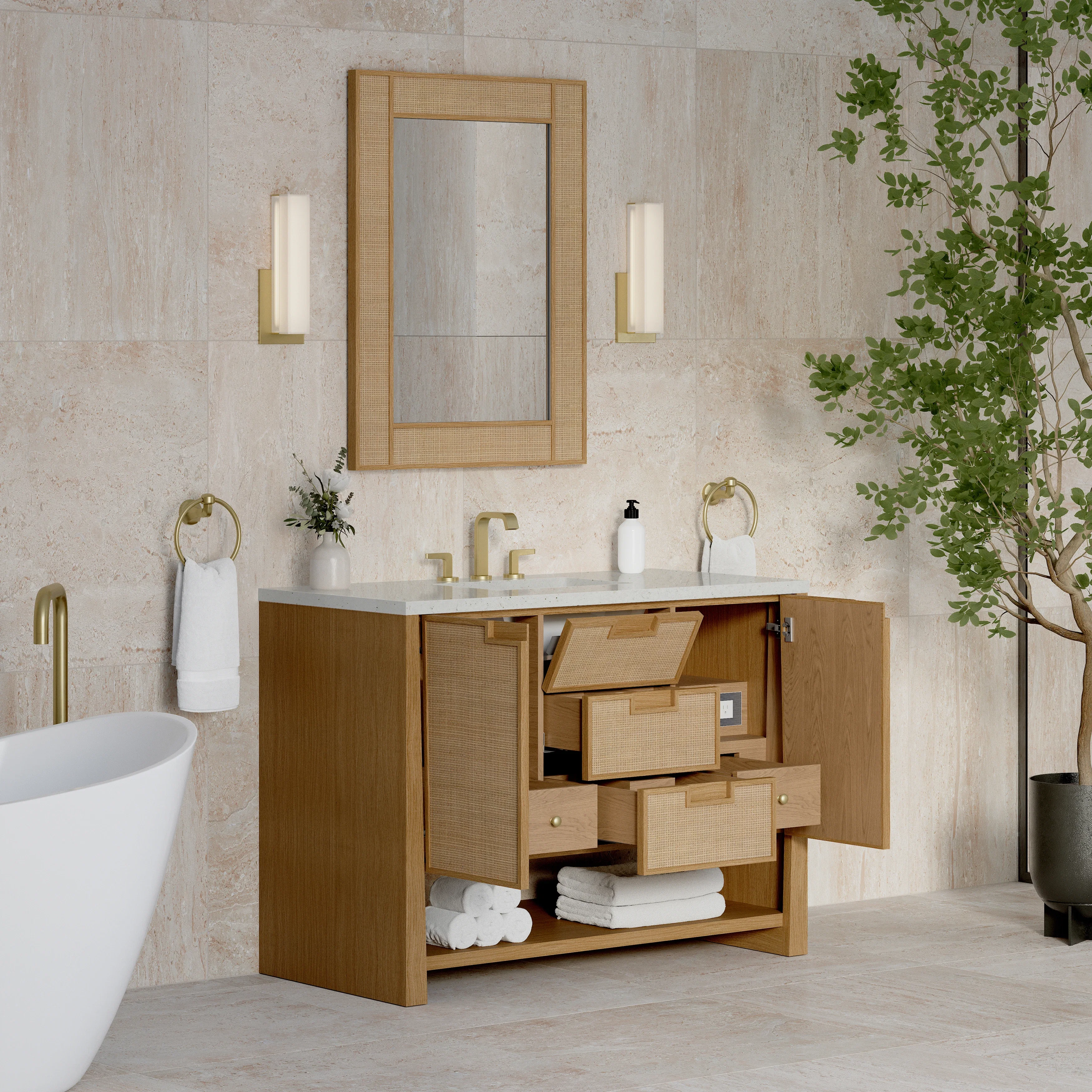 Solene 48" Single Vanity, Seaside Oak, w/ 3 CM Lime Delight Quartz Top