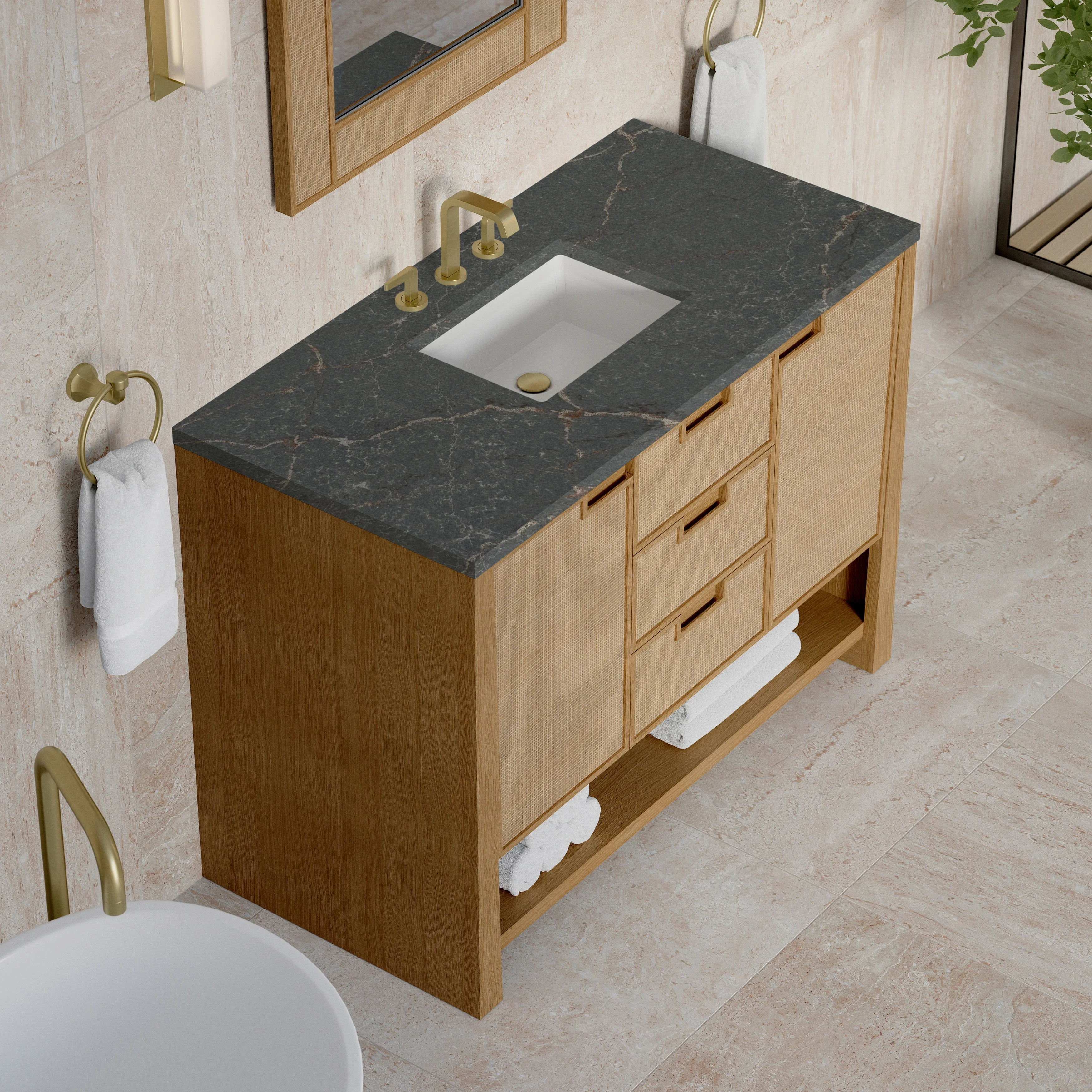 Solene 48" Single Vanity, Seaside Oak, w/ 3 CM Parisien Bleu Quartz Top