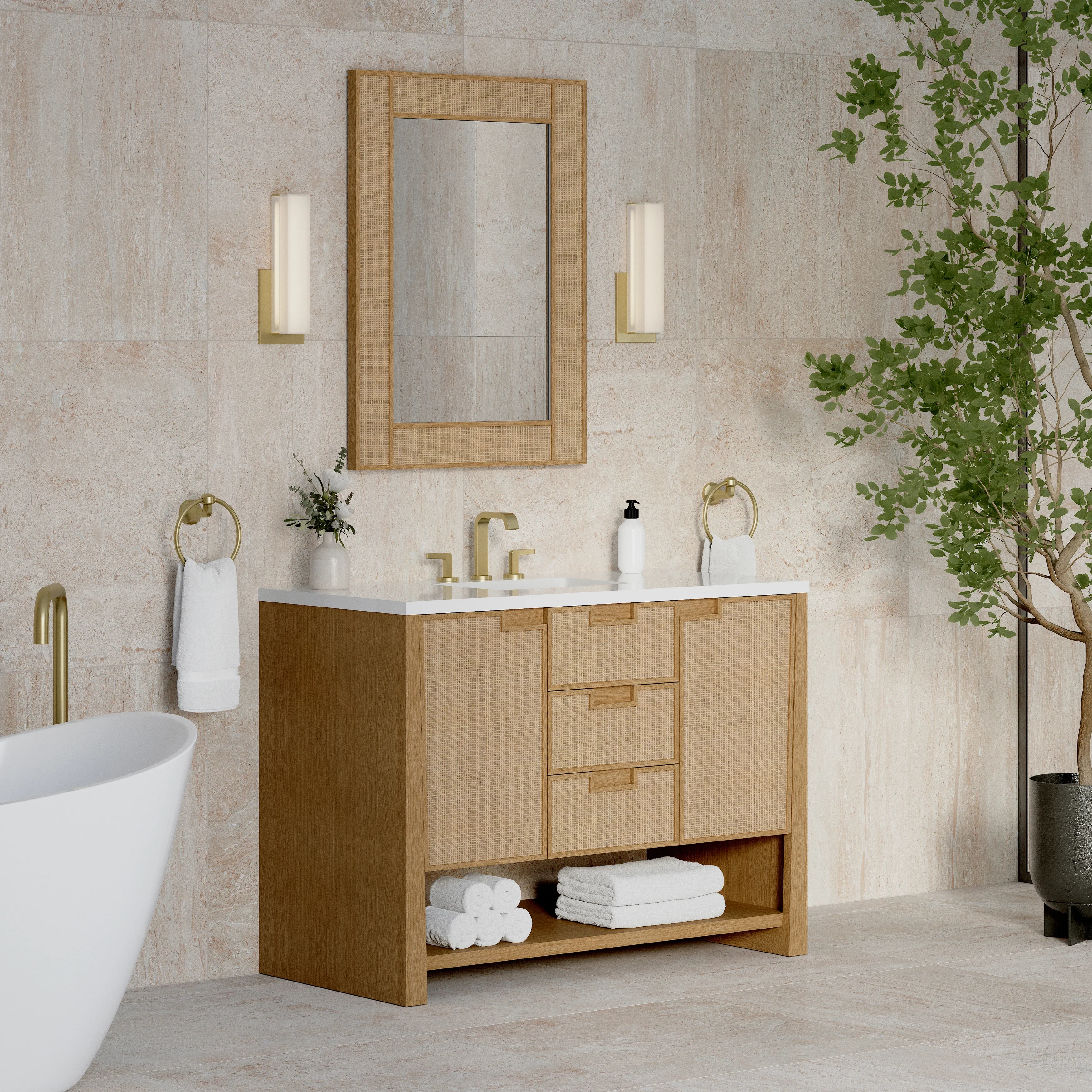 Solene 48" Single Vanity, Seaside Oak, w/ 3 CM White Zeus Quartz Top