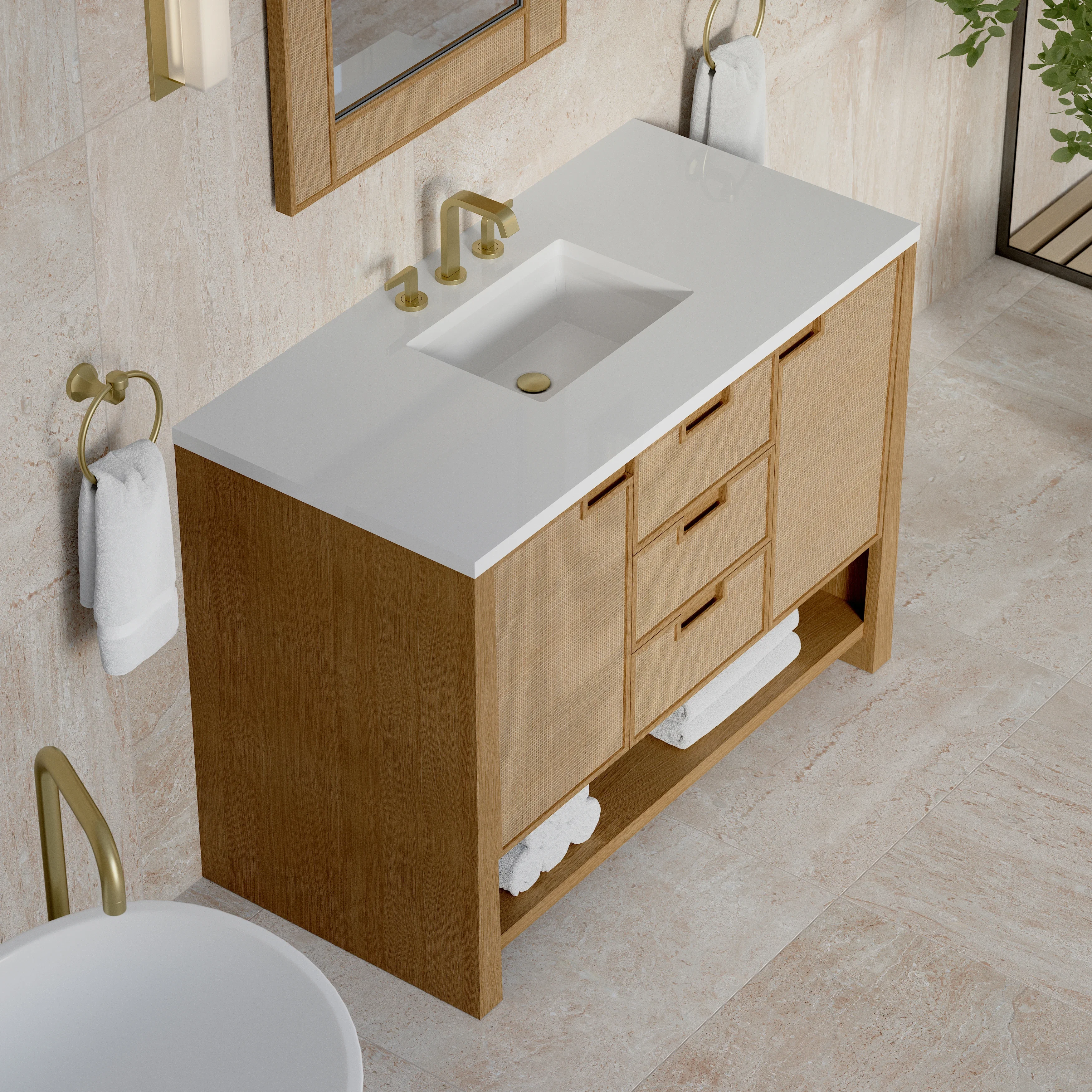 Solene 48" Single Vanity, Seaside Oak, w/ 3 CM White Zeus Quartz Top