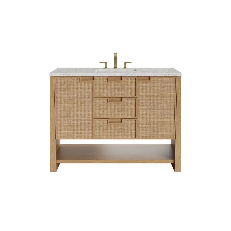 Solene 48" Single Vanity, Seaside Oak, w/ 3 CM Eternal Jasmine Pearl Silestone Top w/ FreePower Wireless Charger