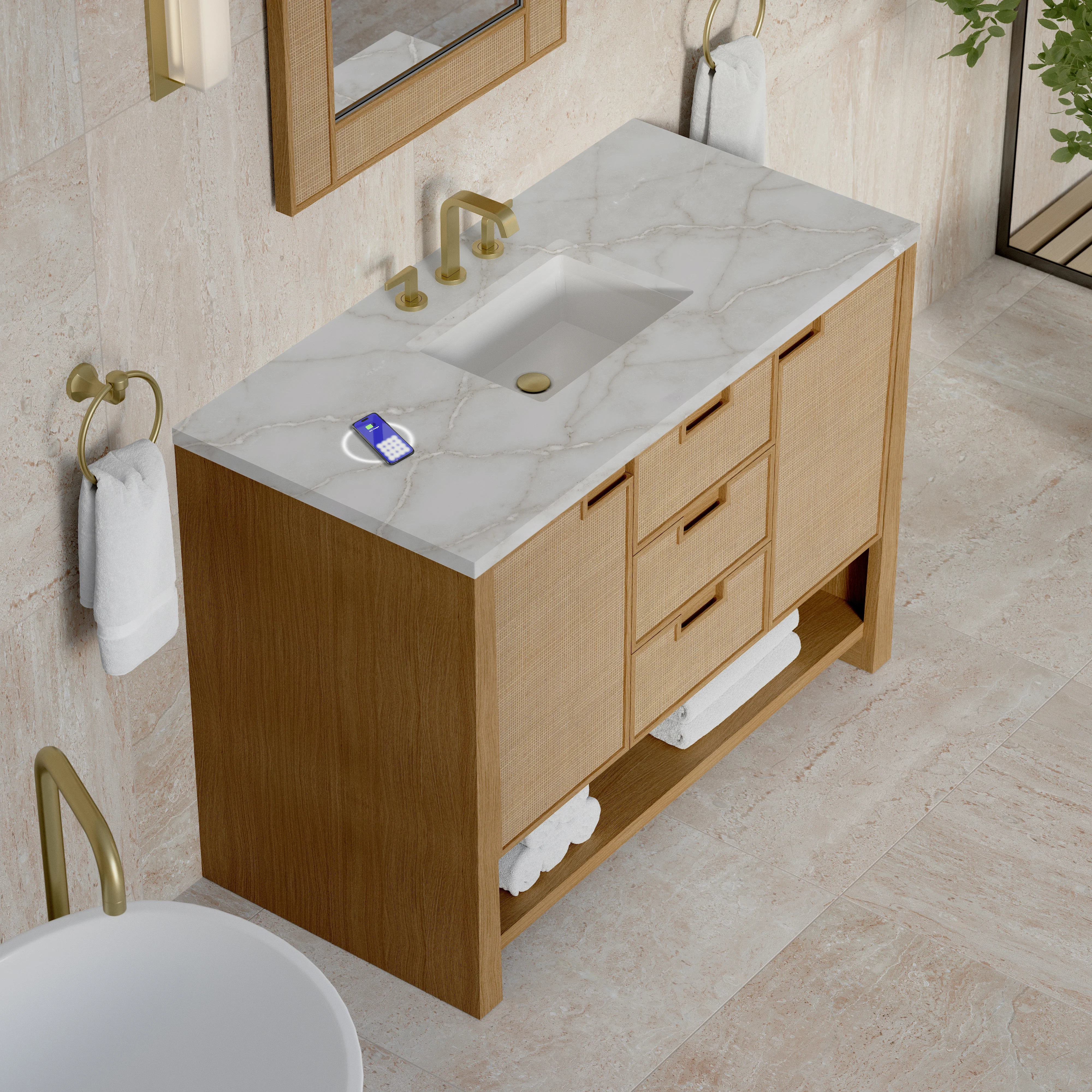 Solene 48" Single Vanity, Seaside Oak, w/ 3 CM Victorian Silver Silestone Top w/ FreePower Wireless Charger