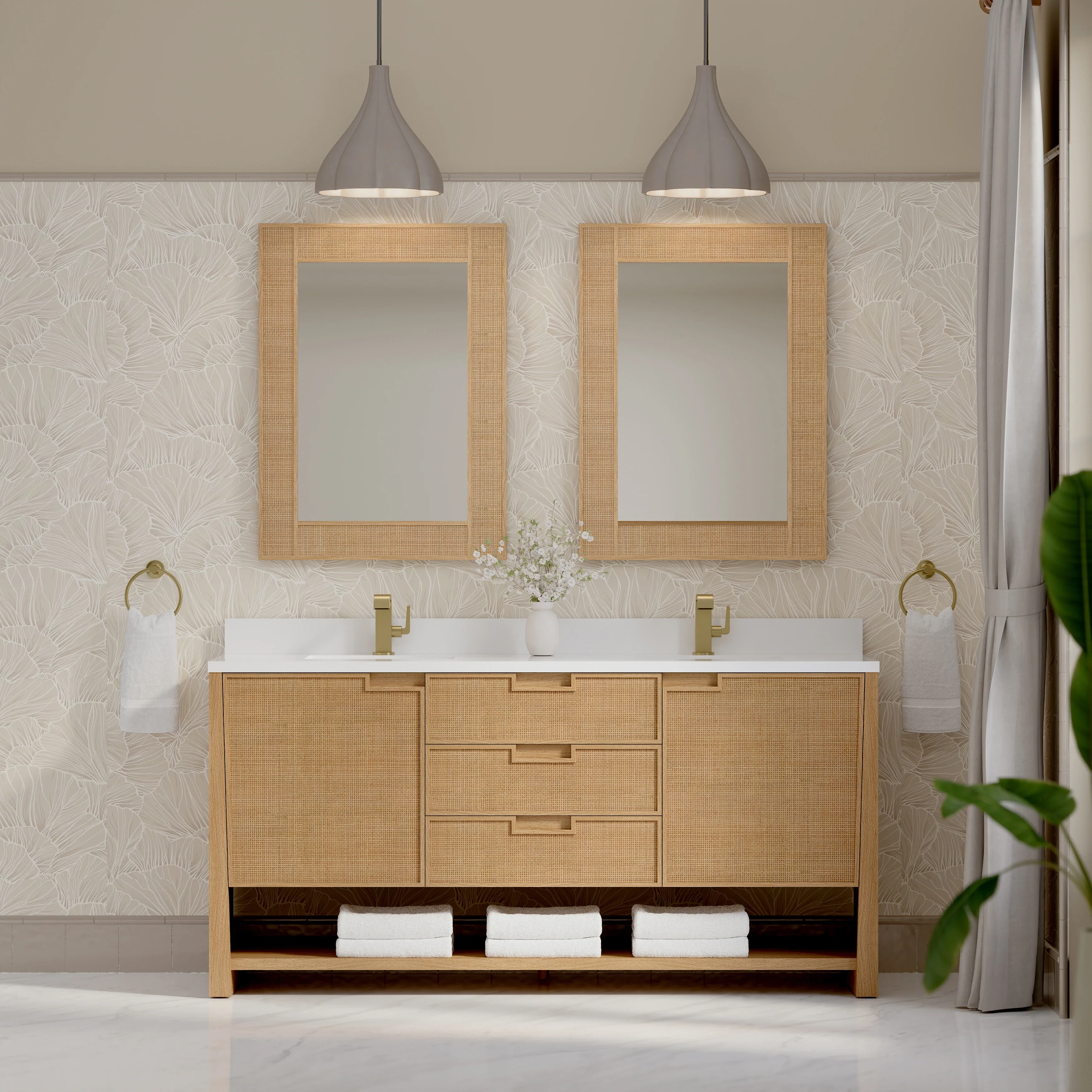Solene 72" Double Vanity, Seaside Oak, w/ Single Hole 3 CM White Zeus Quartz Top & Backsplash