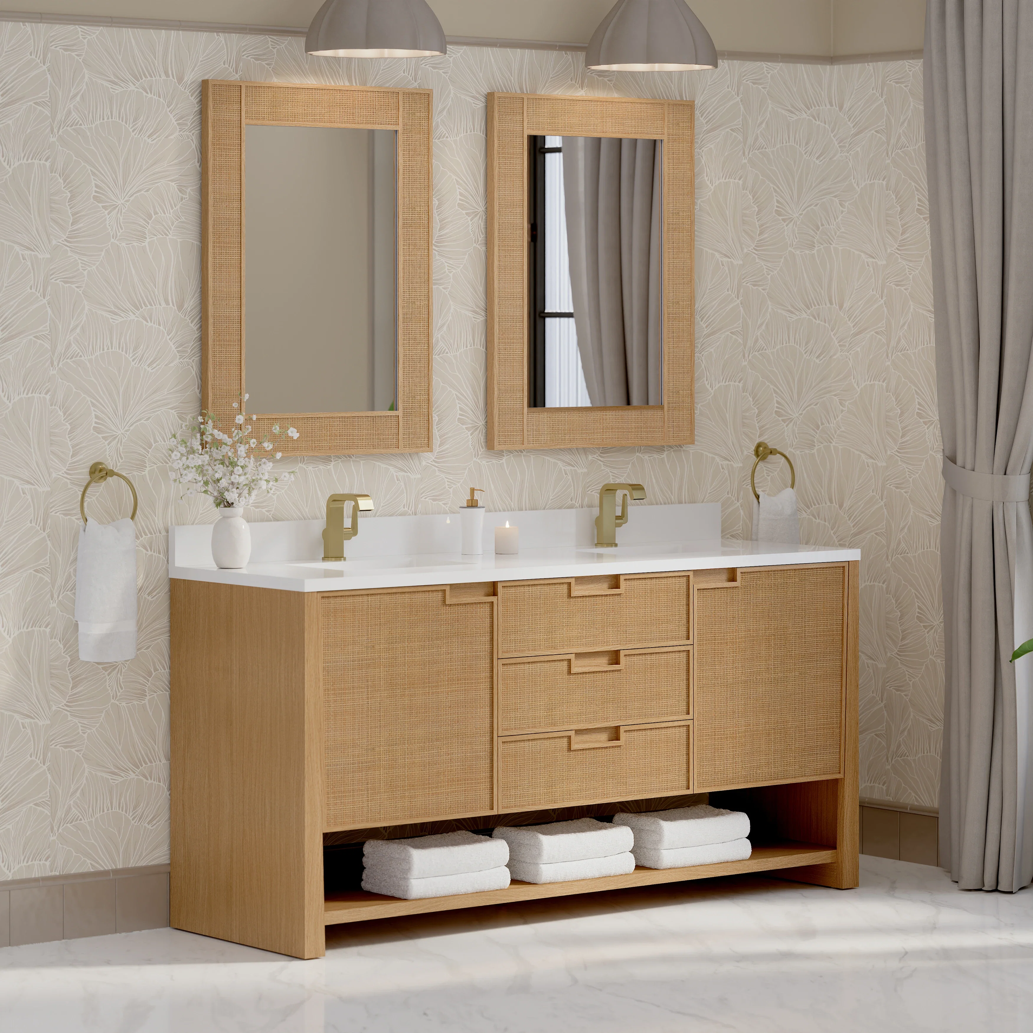 Solene 72" Double Vanity, Seaside Oak, w/ Single Hole 3 CM White Zeus Quartz Top & Backsplash