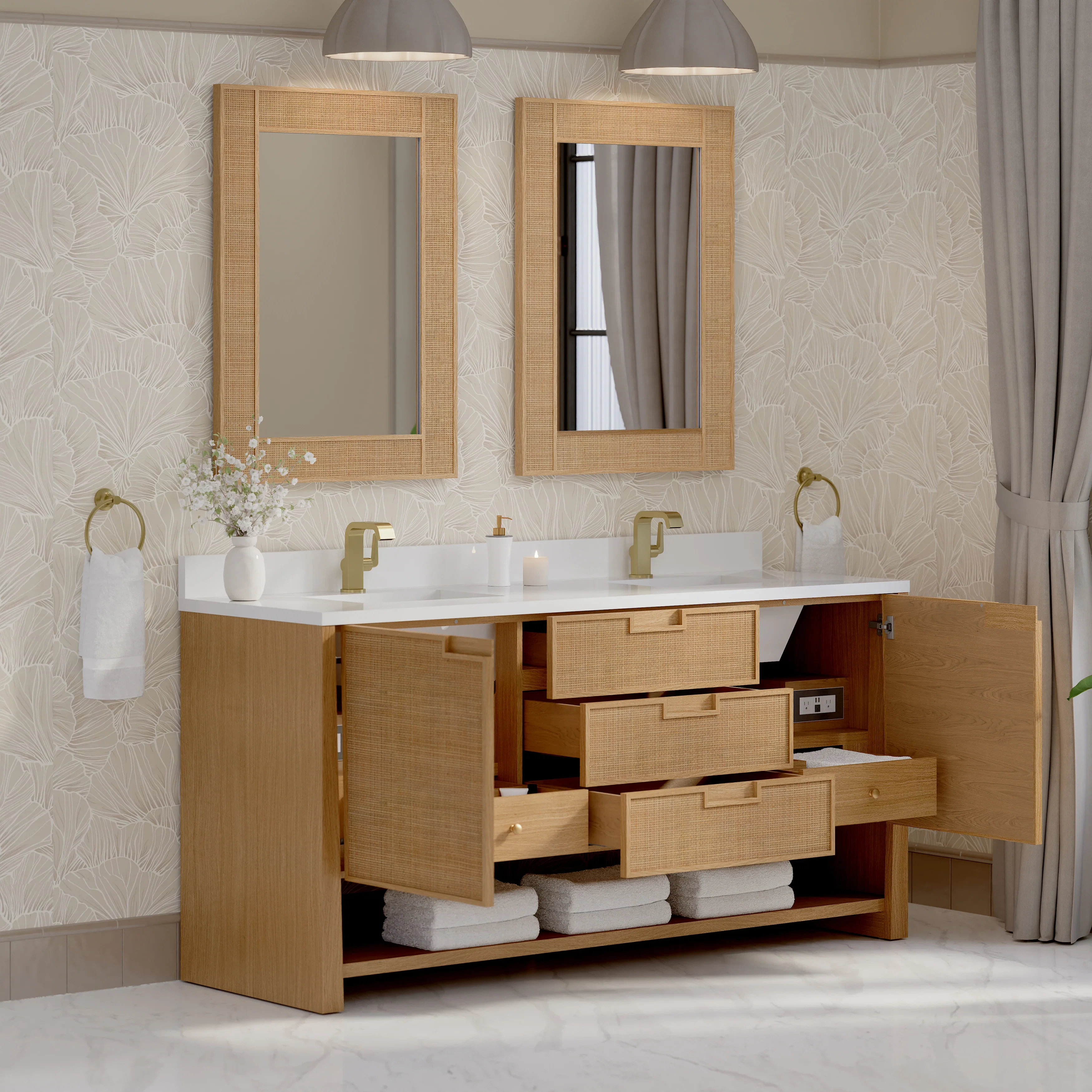 Solene 72" Double Vanity, Seaside Oak, w/ Single Hole 3 CM White Zeus Quartz Top & Backsplash