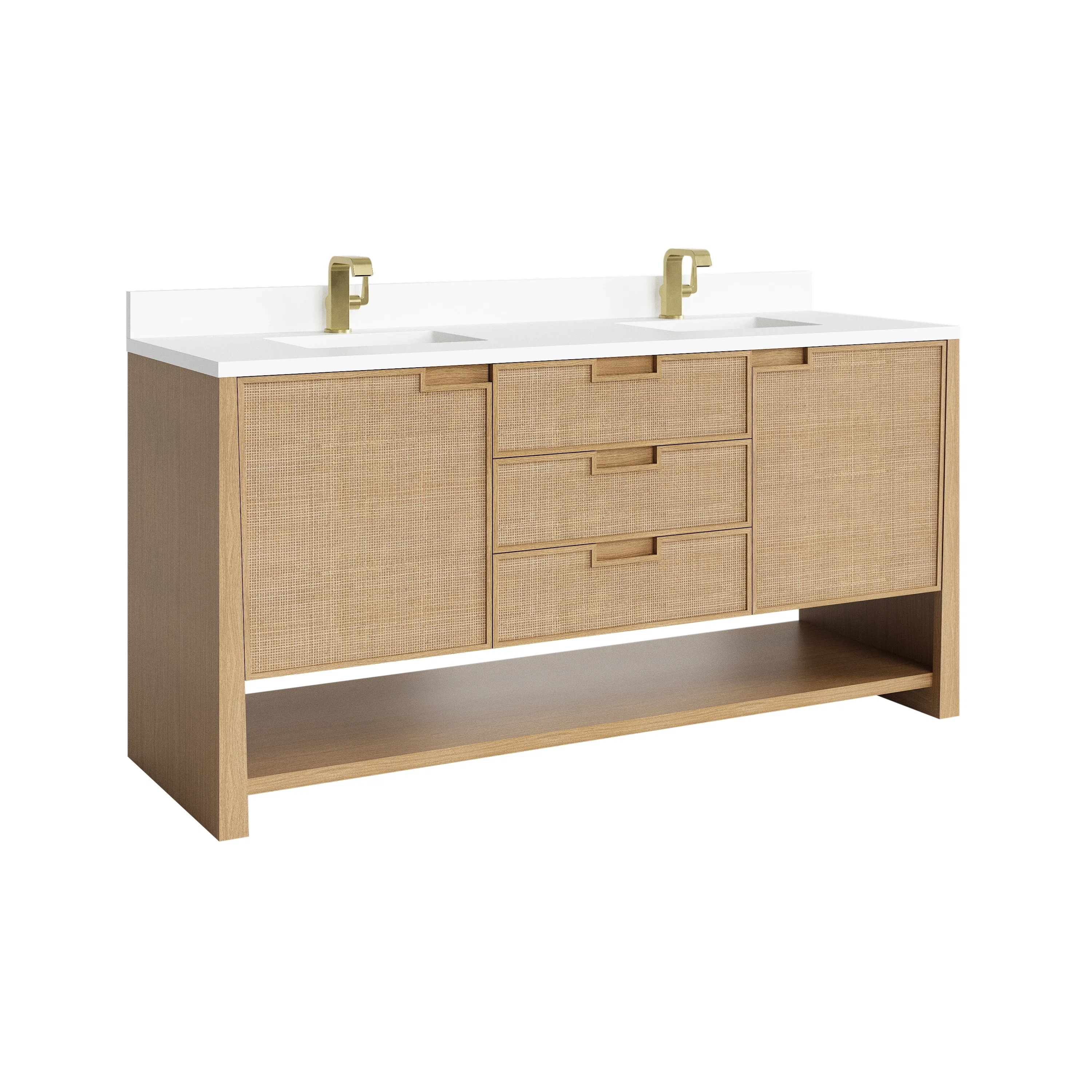 Solene 72" Double Vanity, Seaside Oak, w/ Single Hole 3 CM White Zeus Quartz Top & Backsplash