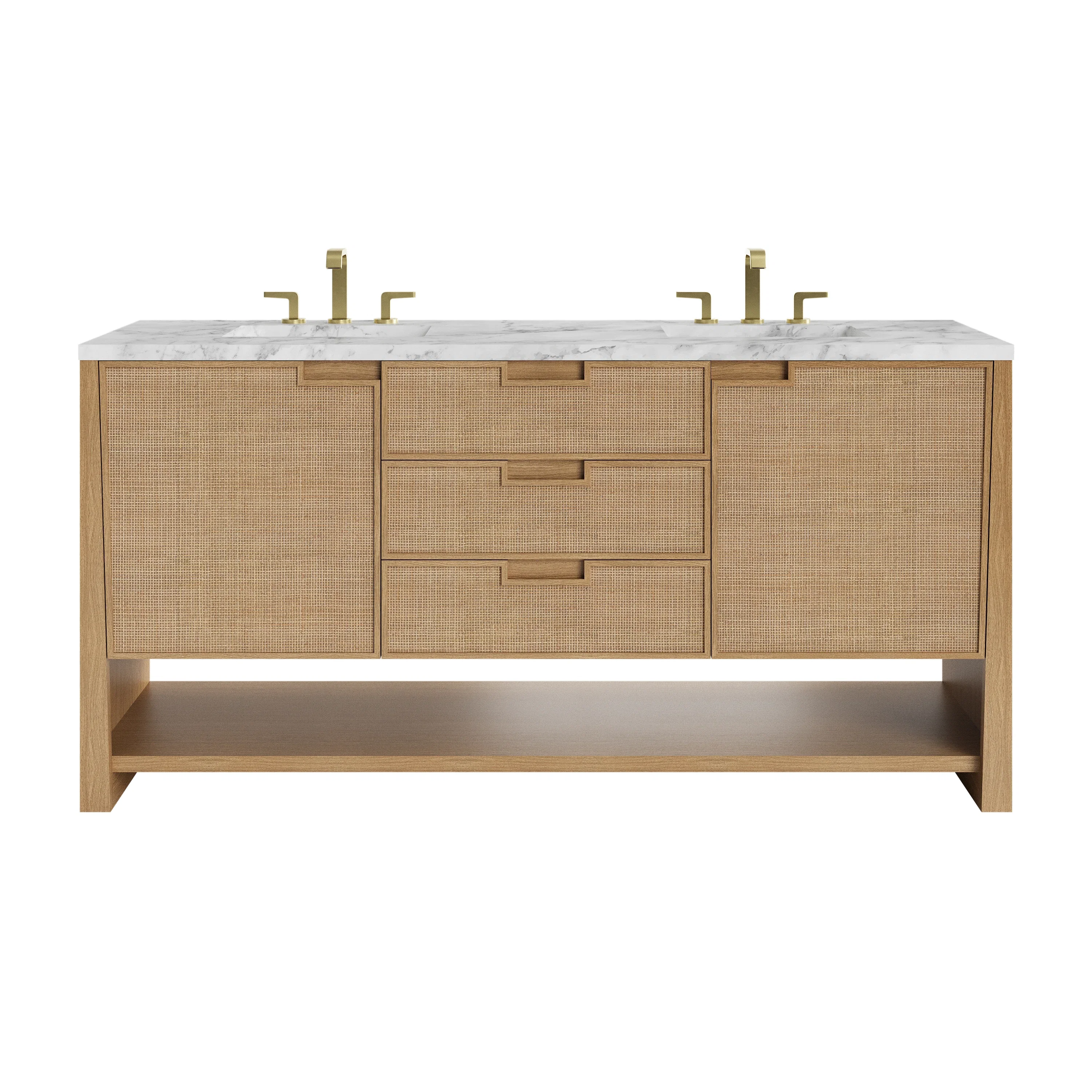 Solene 72" Double Vanity, Seaside Oak, w/ 3 CM Carrara Marble Top