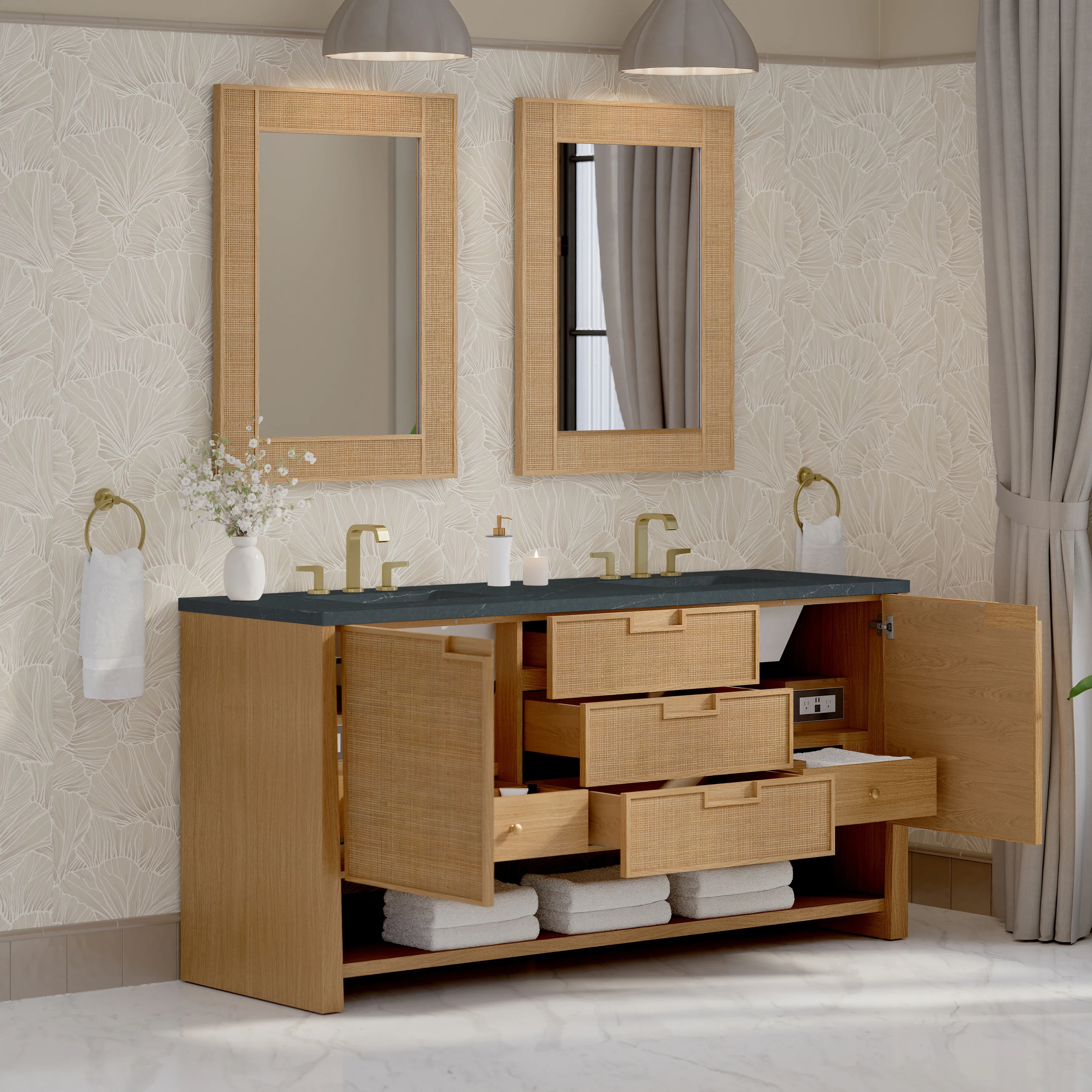 Solene 72" Double Vanity, Seaside Oak, w/ 3 CM Charcoal Soapstone Quartz Top