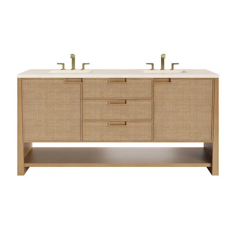 Solene 72" Double Vanity, Seaside Oak, w/ 3 CM Eternal Marfil Quartz Top