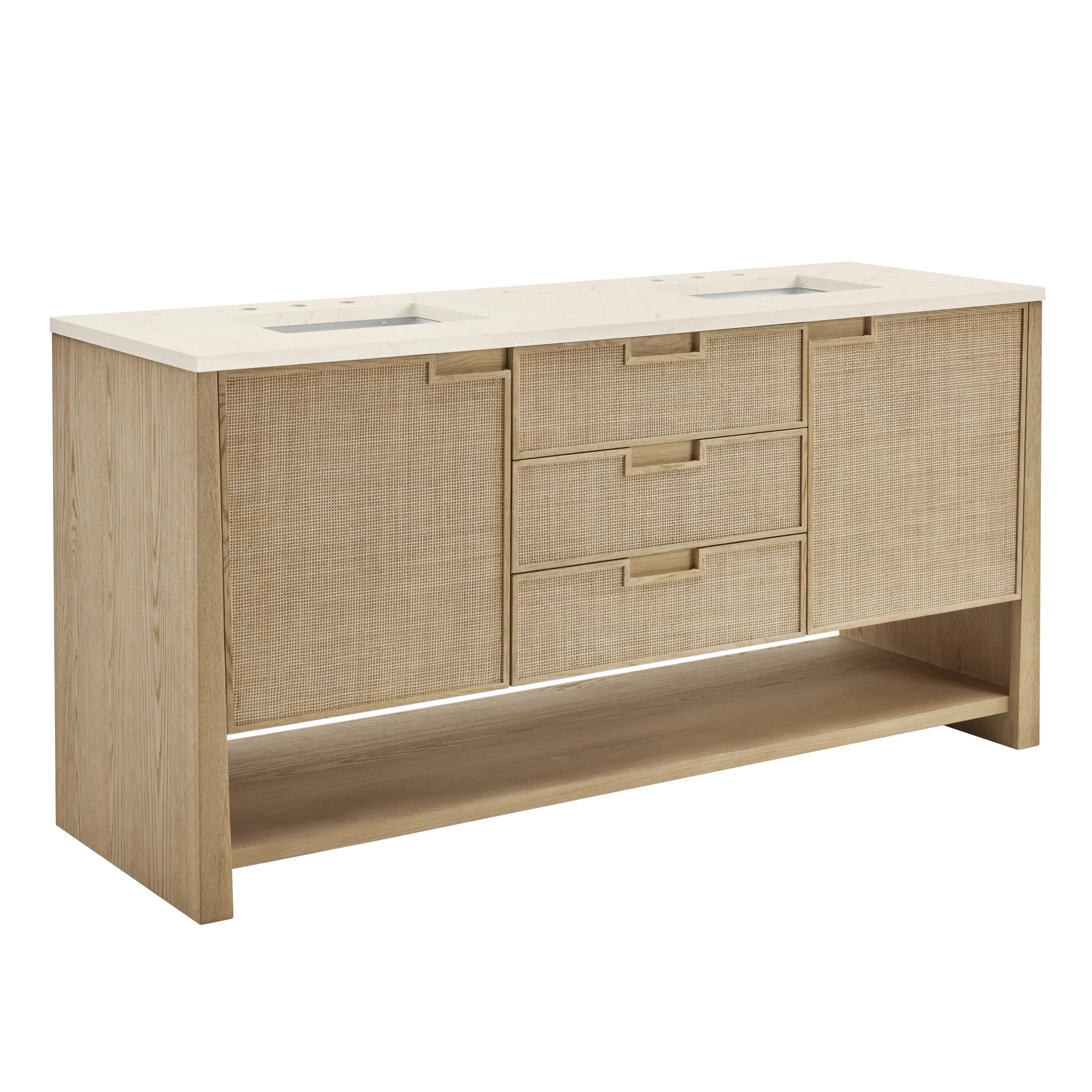 Solene 72" Double Vanity, Seaside Oak, w/ 3 CM Eternal Marfil Quartz Top