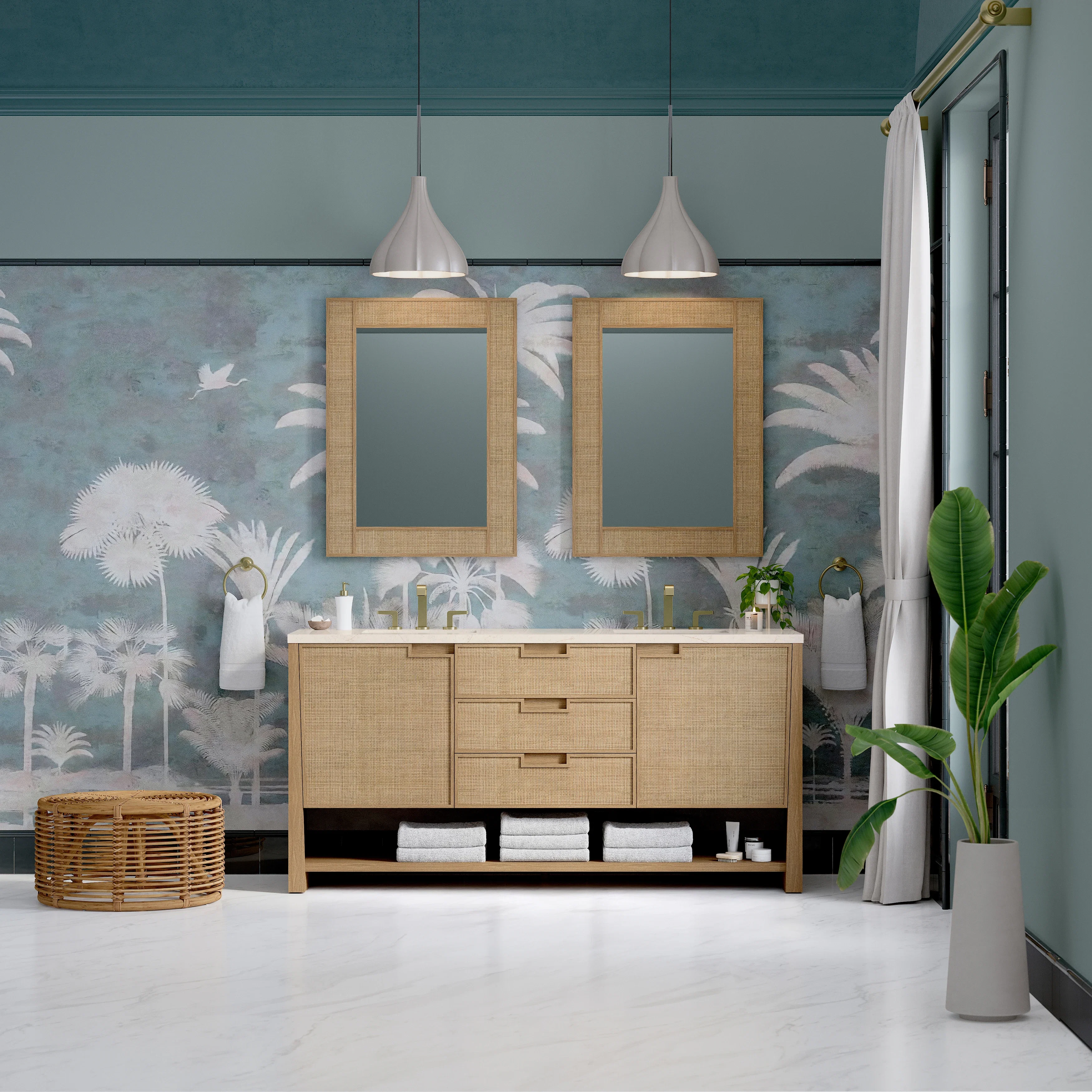 Solene 72" Double Vanity, Seaside Oak, w/ 3 CM Eternal Marfil Quartz Top
