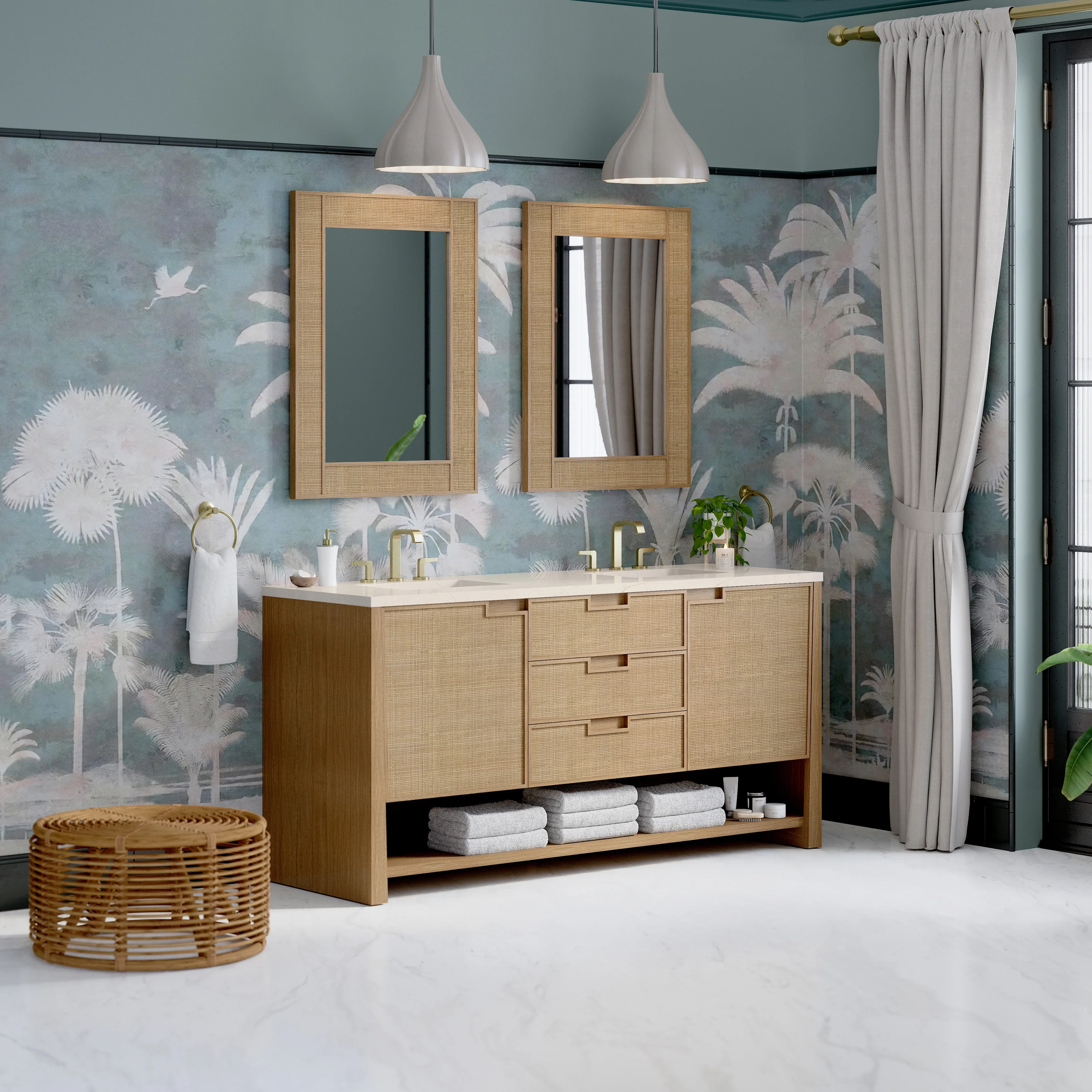 Solene 72" Double Vanity, Seaside Oak, w/ 3 CM Eternal Marfil Quartz Top
