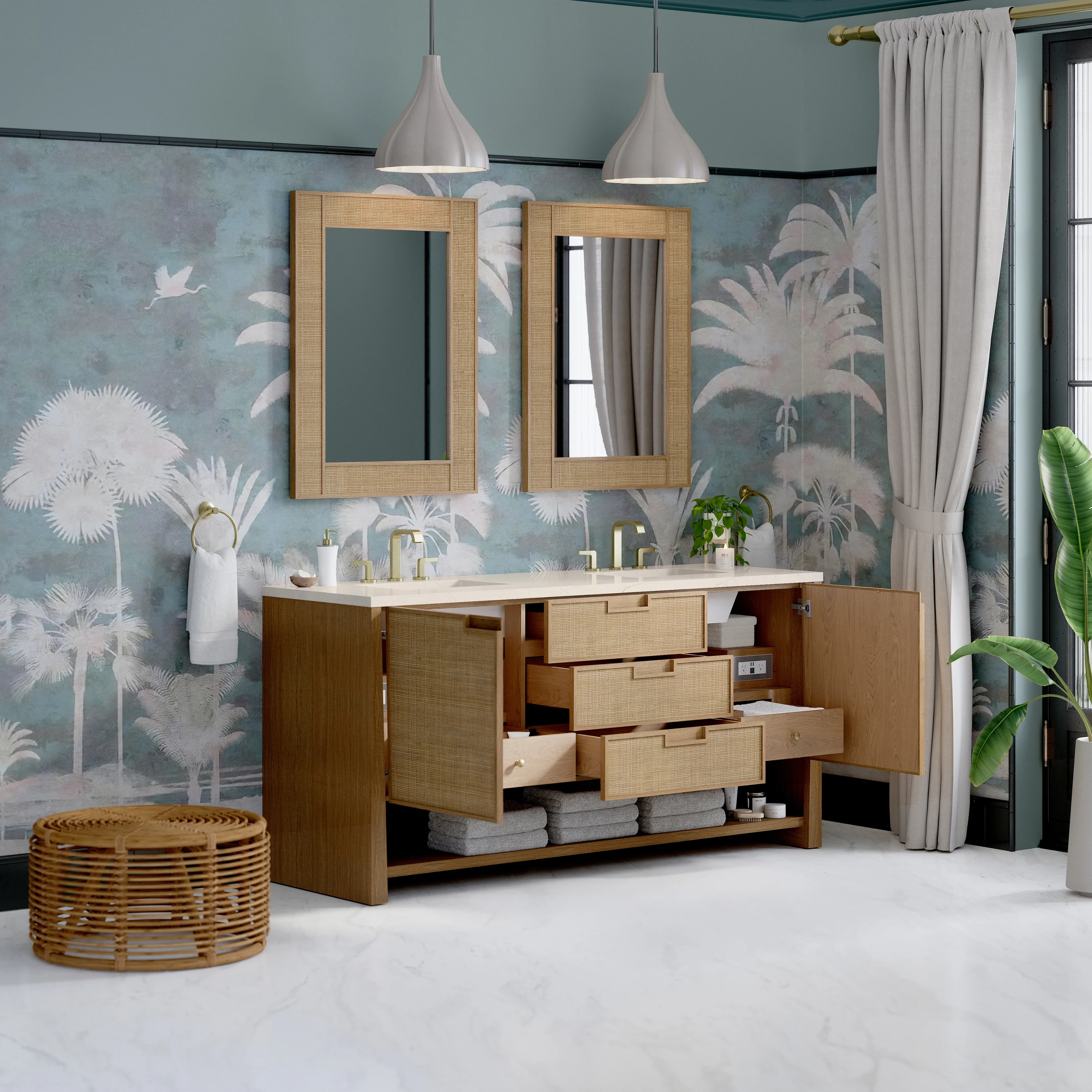 Solene 72" Double Vanity, Seaside Oak, w/ 3 CM Eternal Marfil Quartz Top