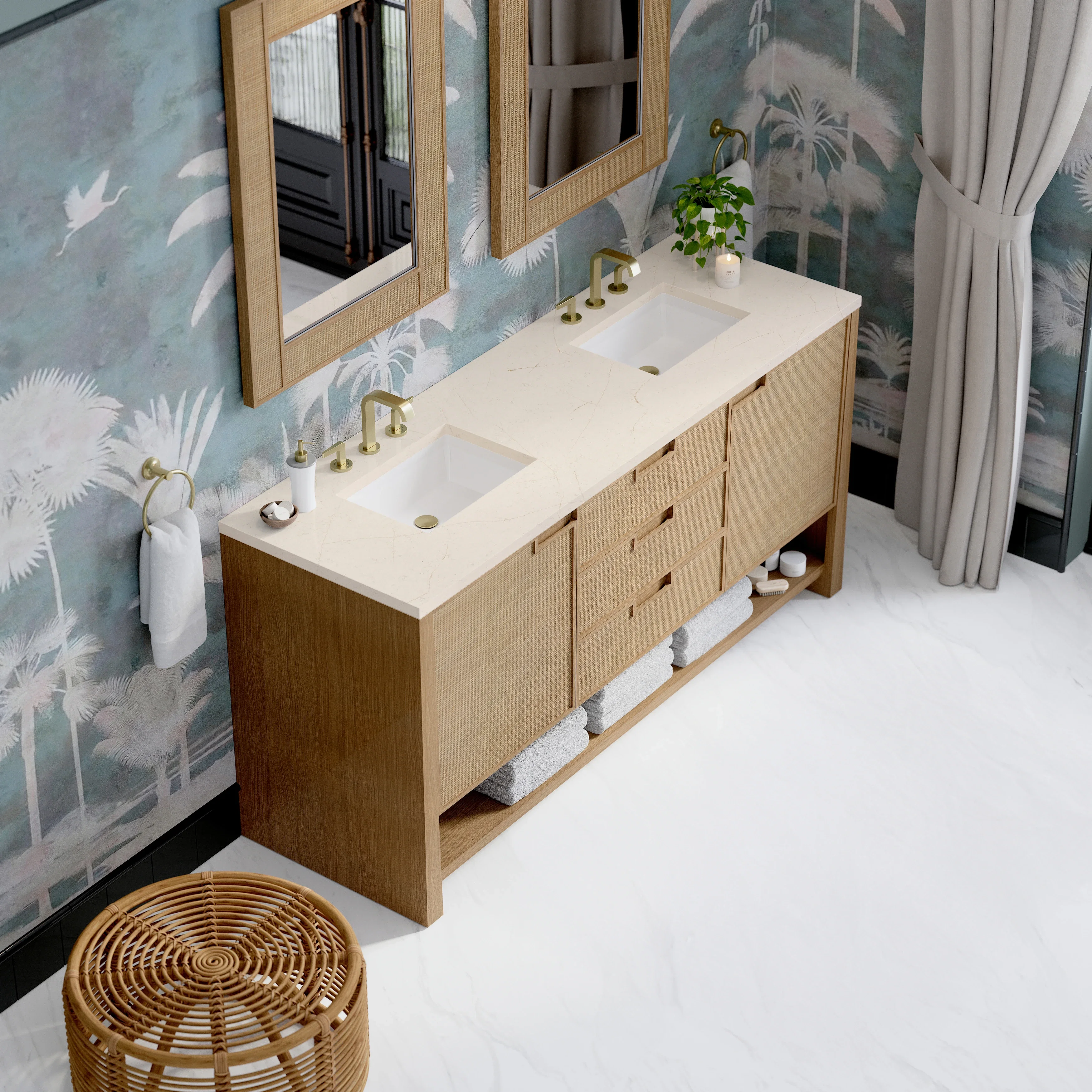 Solene 72" Double Vanity, Seaside Oak, w/ 3 CM Eternal Marfil Quartz Top