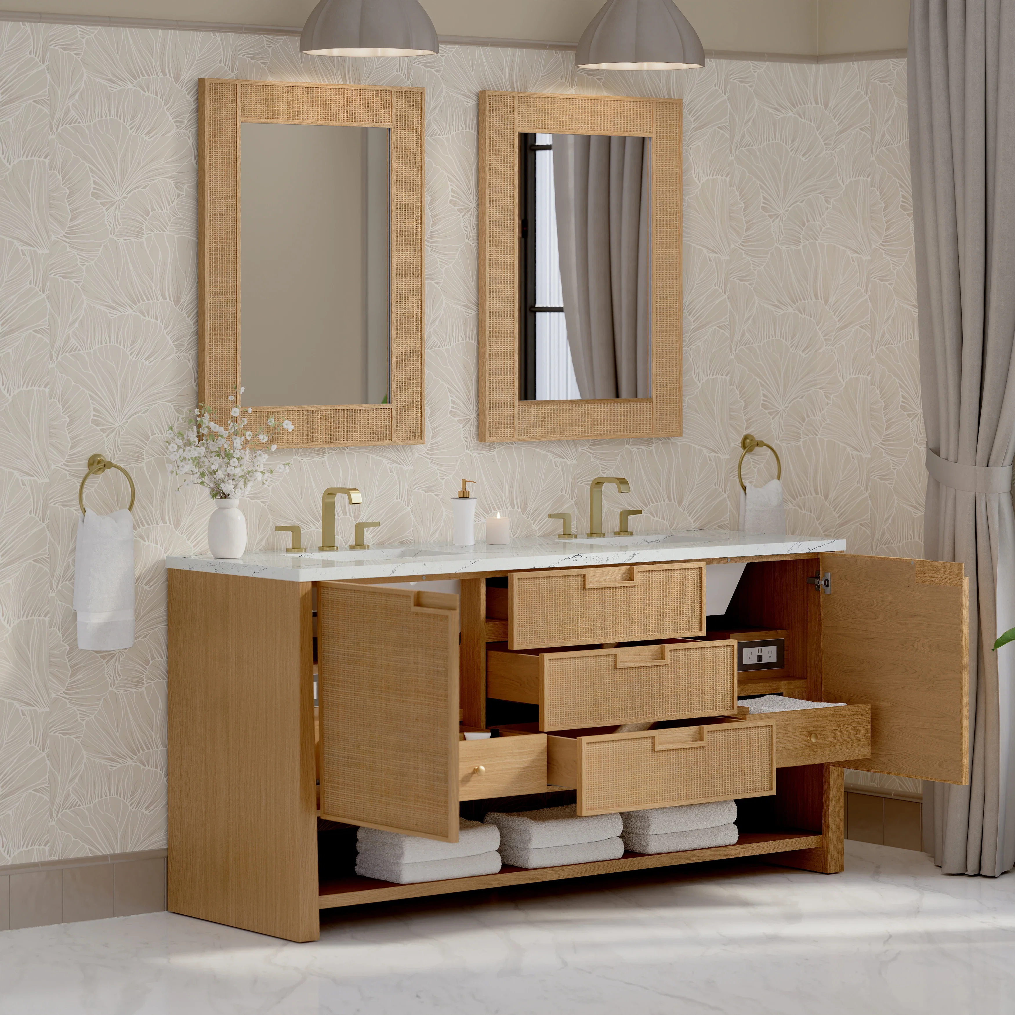 Solene 72" Double Vanity, Seaside Oak, w/ 3 CM Ethereal Noctis Quartz Top