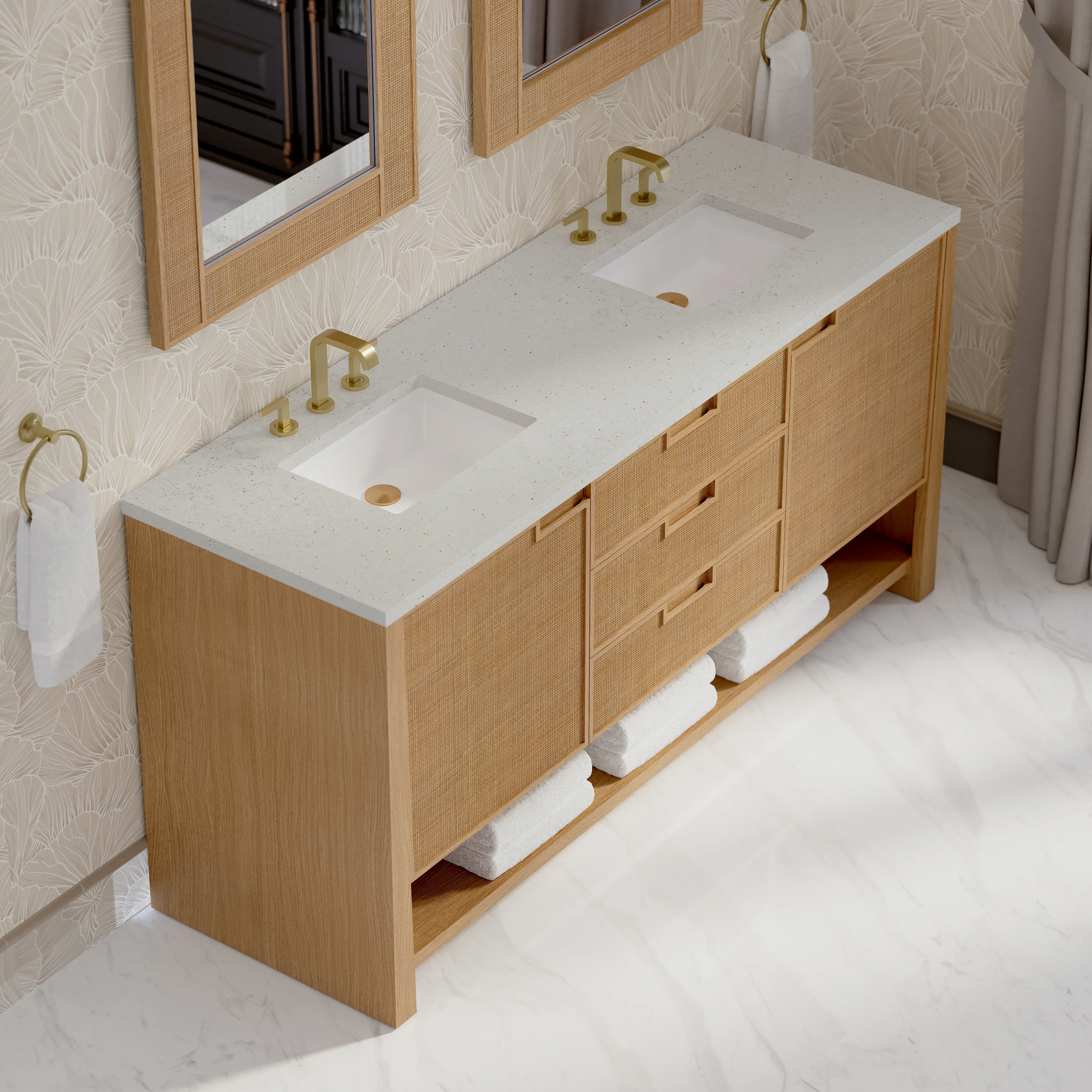Solene 72" Double Vanity, Seaside Oak, w/ 3 CM Lime Delight Quartz Top