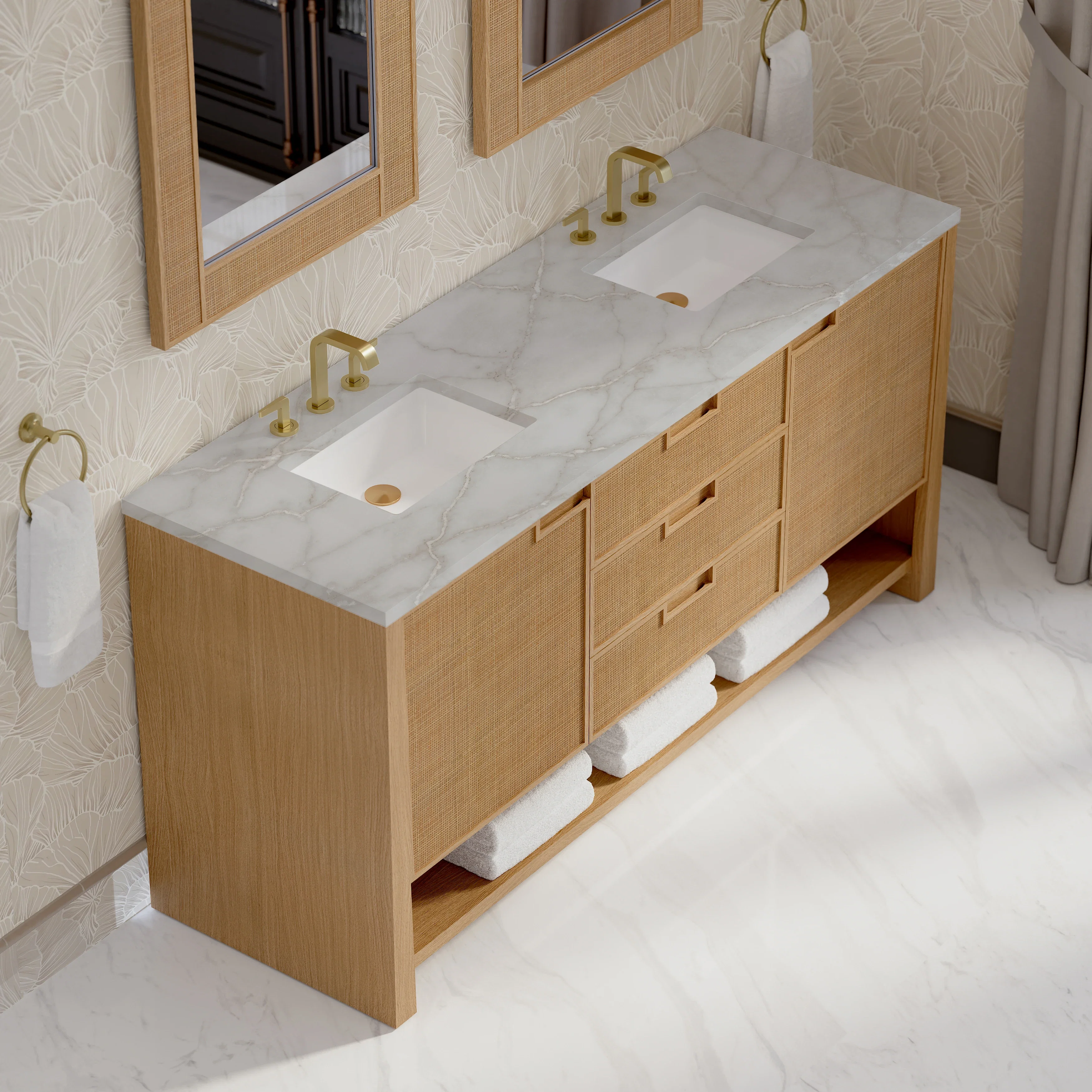 Solene 72" Double Vanity, Seaside Oak, w/ 3 CM Victorian Silver Quartz Top