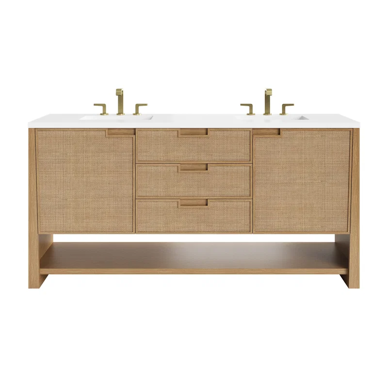 Solene 72" Double Vanity, Seaside Oak, w/ 3 CM White Zeus Quartz Top