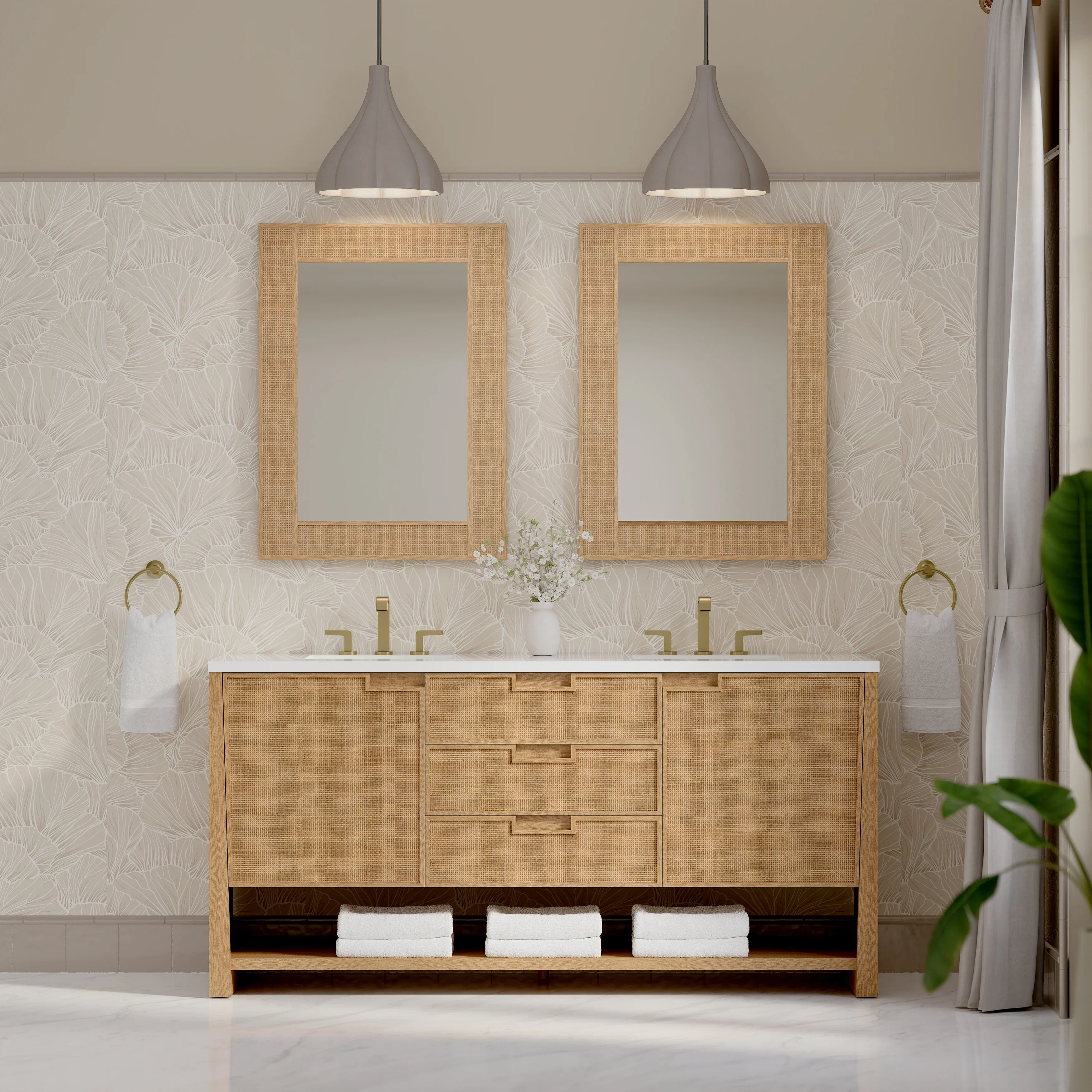 Solene 72" Double Vanity, Seaside Oak, w/ 3 CM White Zeus Quartz Top