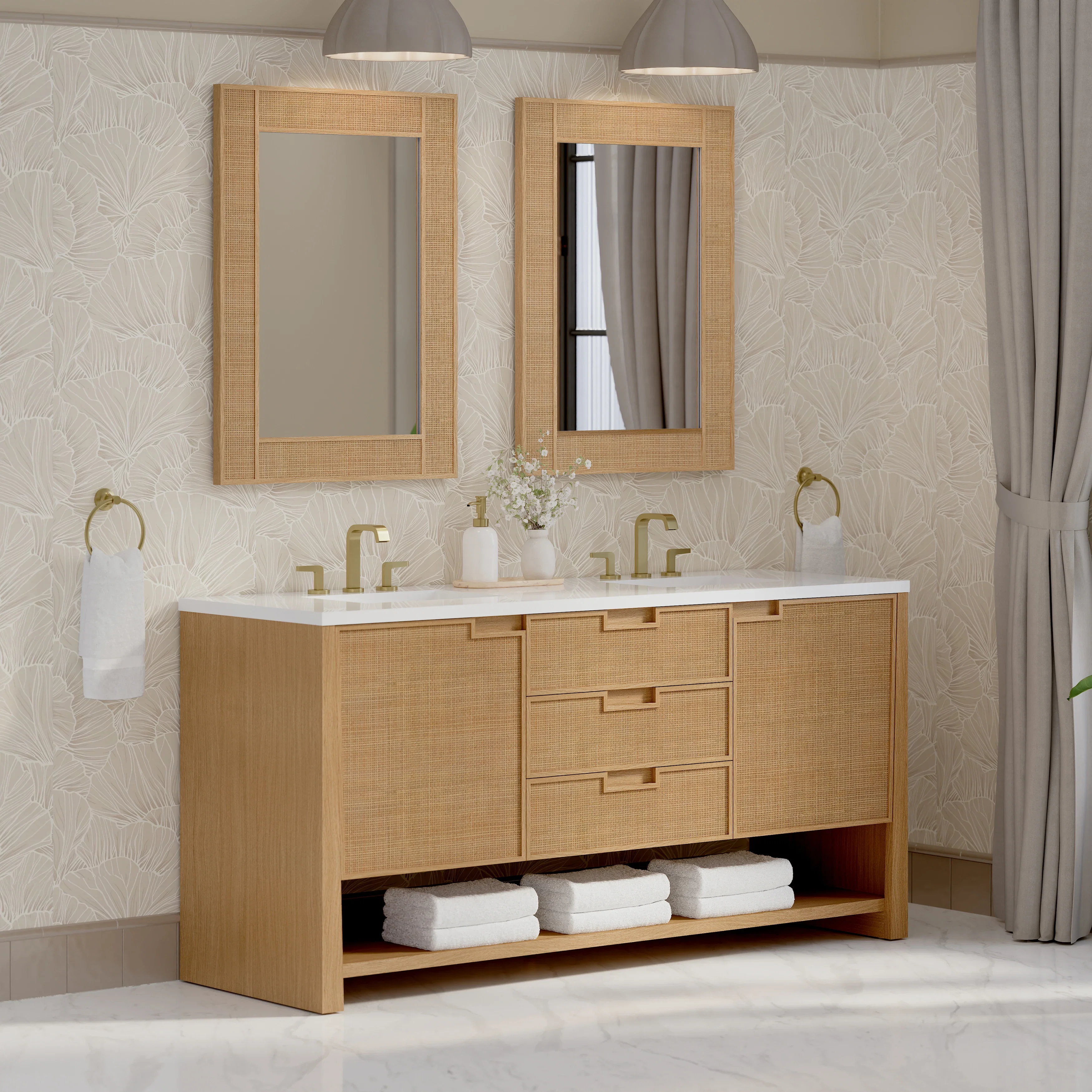 Solene 72" Double Vanity, Seaside Oak, w/ 3 CM White Zeus Quartz Top