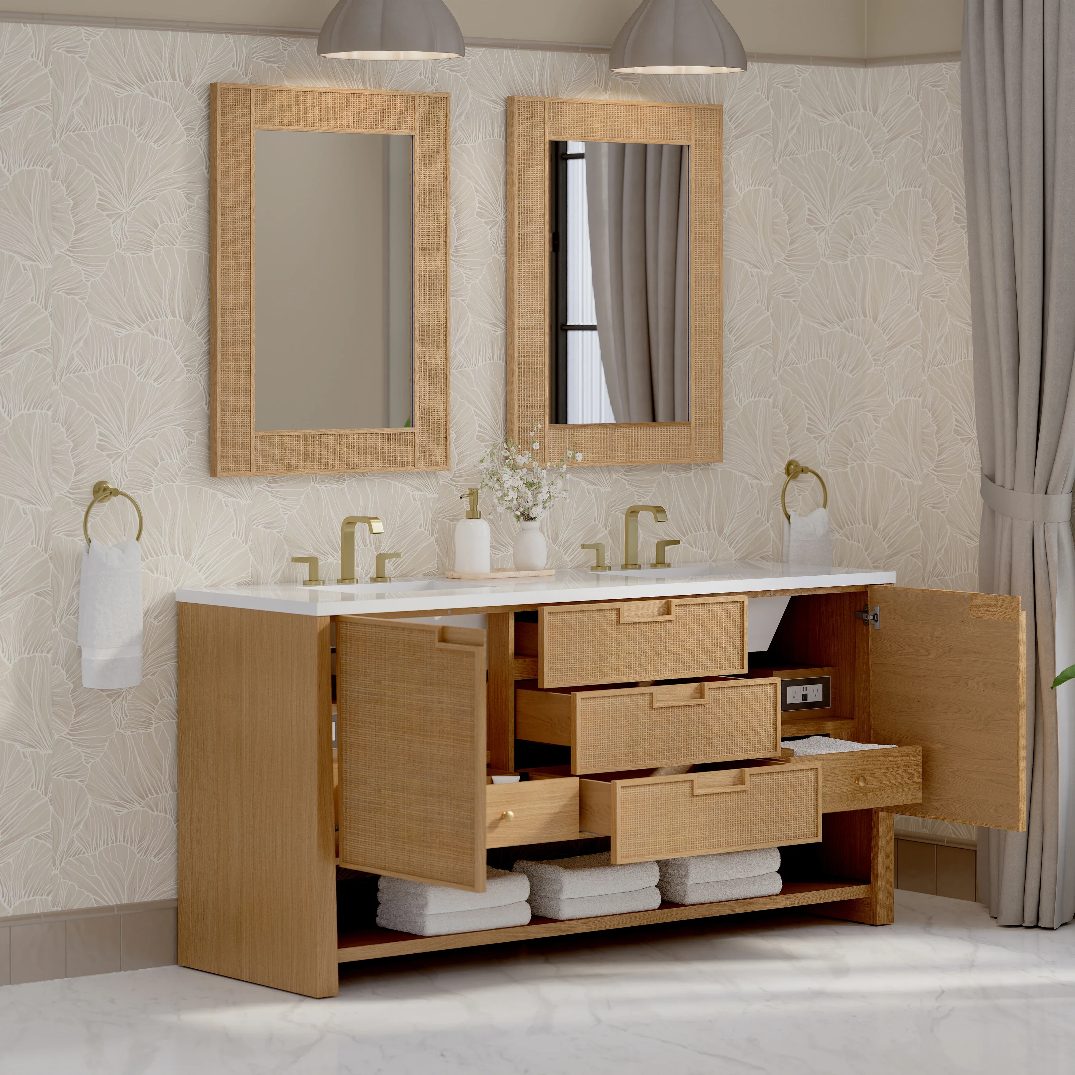 Solene 72" Double Vanity, Seaside Oak, w/ 3 CM White Zeus Quartz Top