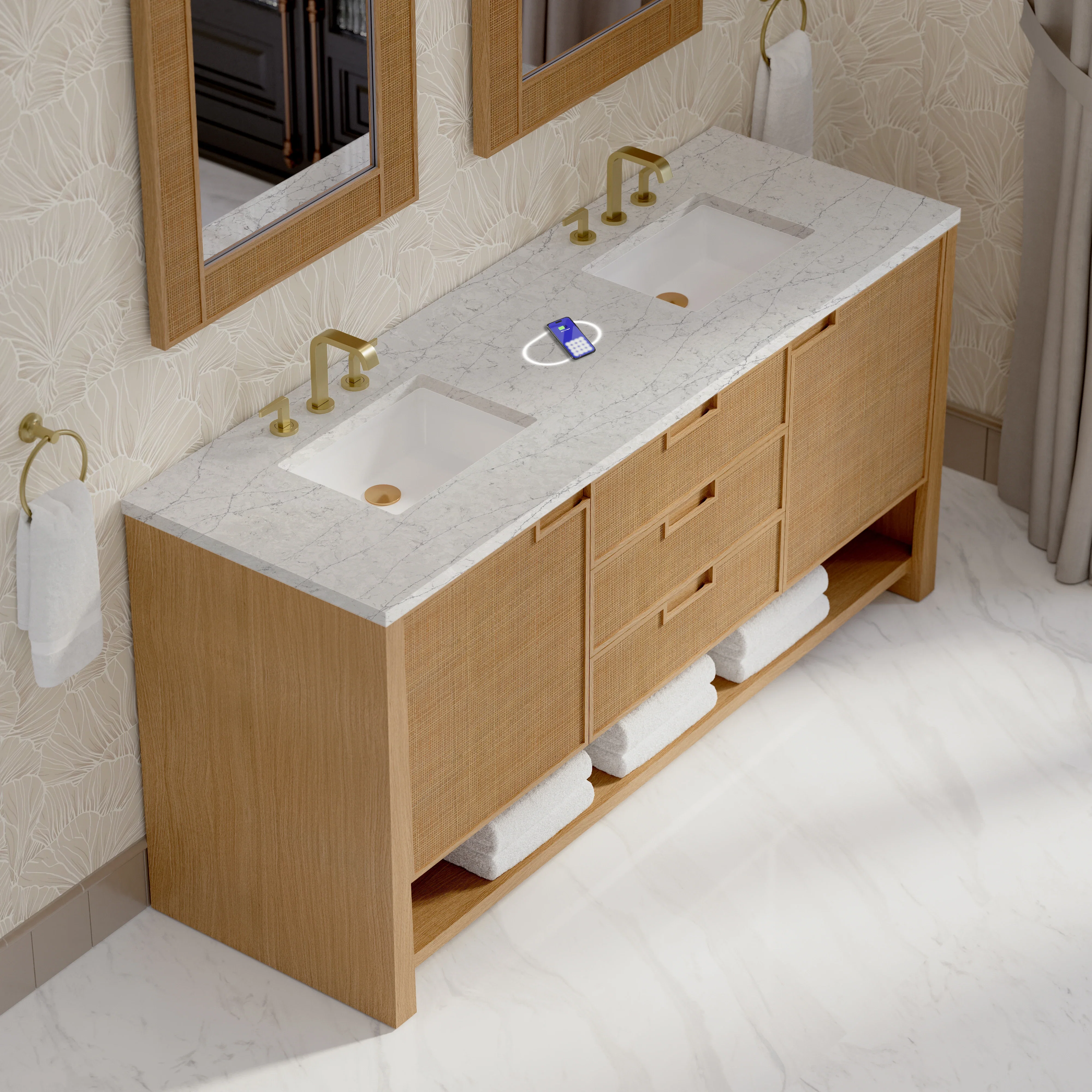 Solene 72" Double Vanity, Seaside Oak, w/ 3 CM Eternal Jasmine Pearl Silestone Top w/ FreePower Wireless Charger
