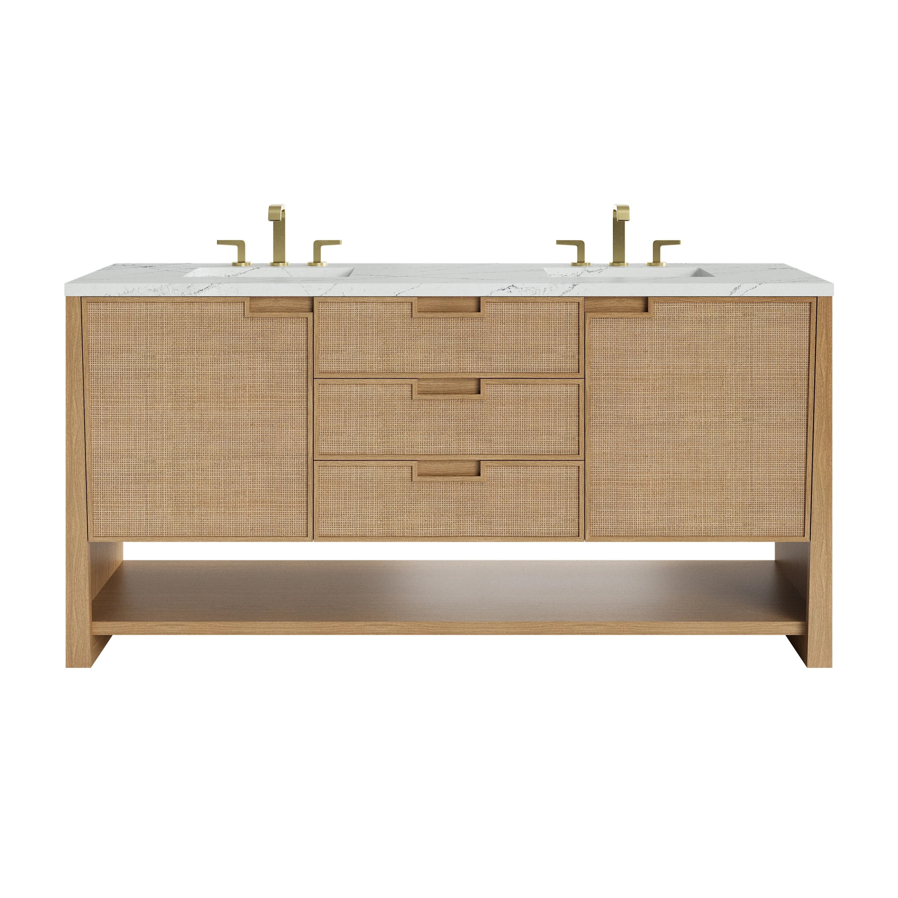 Solene 72" Double Vanity, Seaside Oak, w/ 3 CM Ethereal Noctis Silestone Top w/ FreePower Wireless Charger