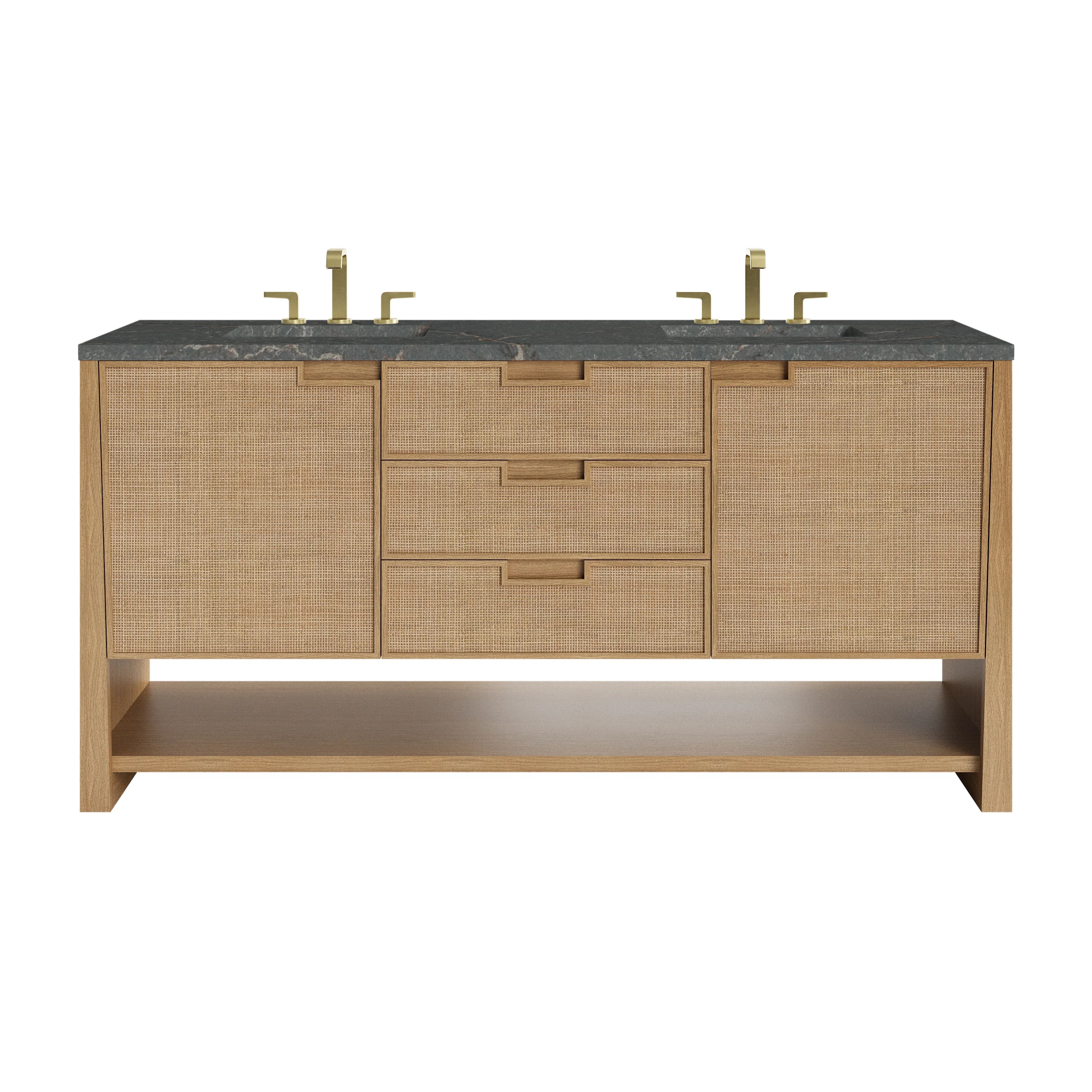 Solene 72" Double Vanity, Seaside Oak, w/ 3 CM Parisien Bleu Silestone Top w/ FreePower Wireless Charger