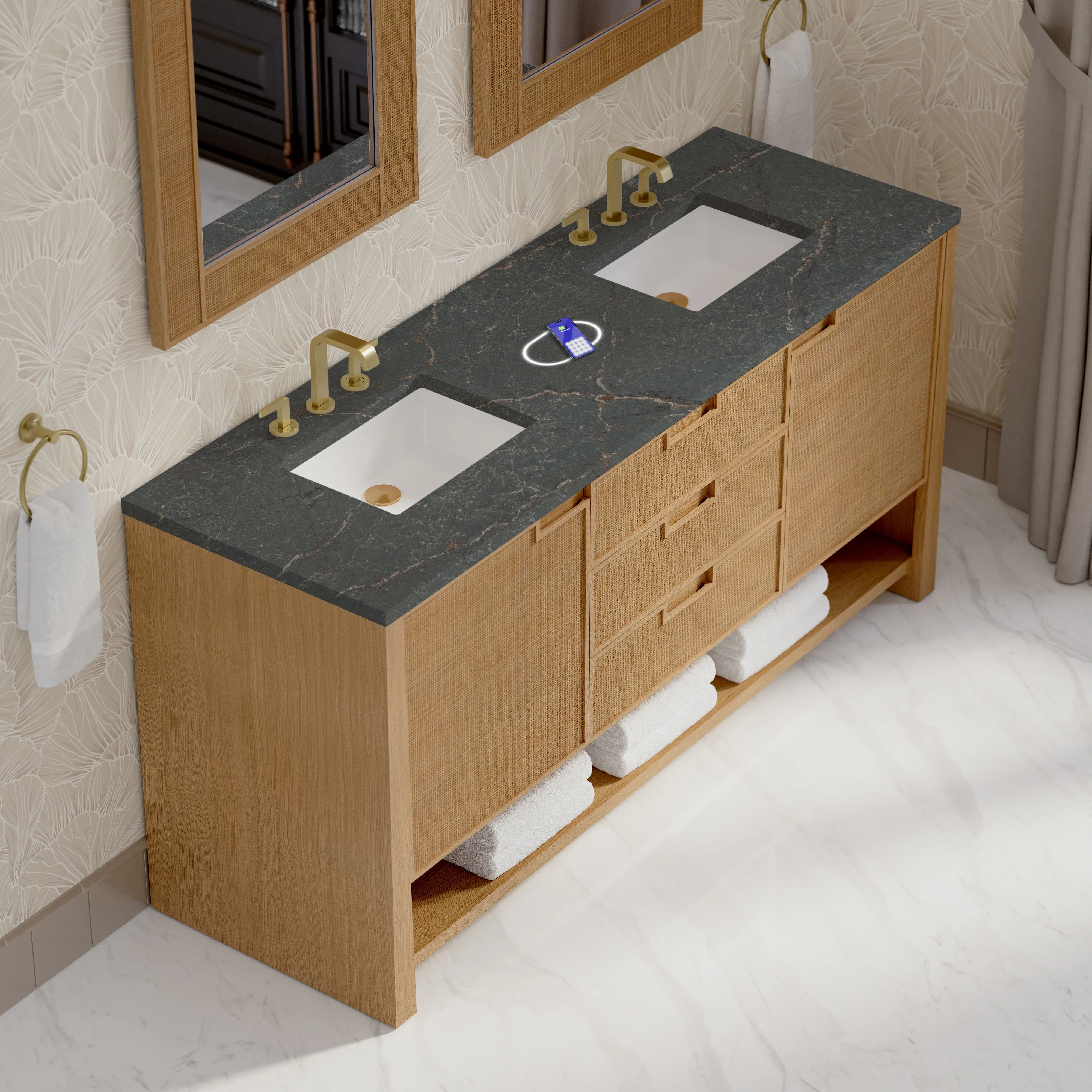 Solene 72" Double Vanity, Seaside Oak, w/ 3 CM Parisien Bleu Silestone Top w/ FreePower Wireless Charger