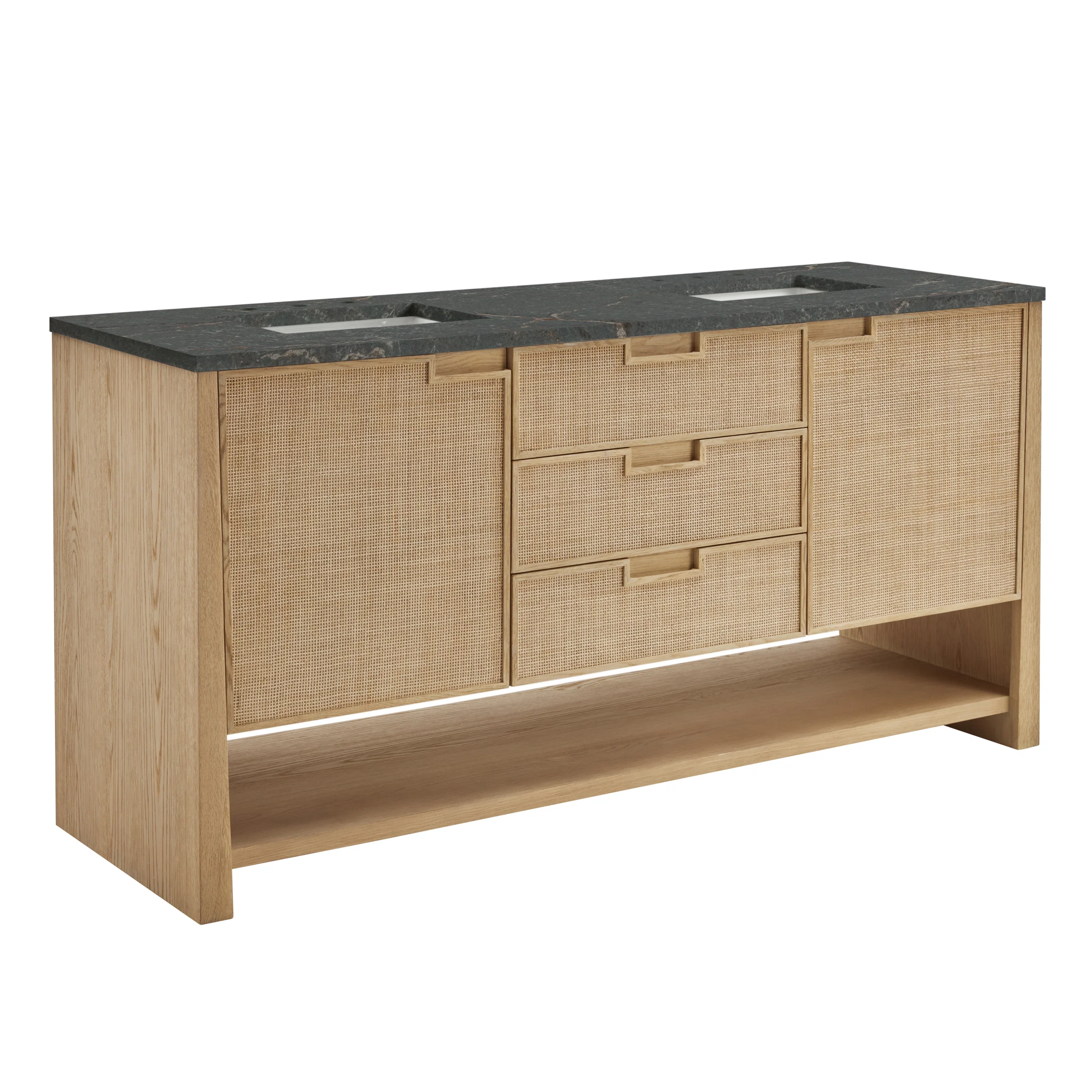 Solene 72" Double Vanity, Seaside Oak, w/ 3 CM Parisien Bleu Silestone Top w/ FreePower Wireless Charger