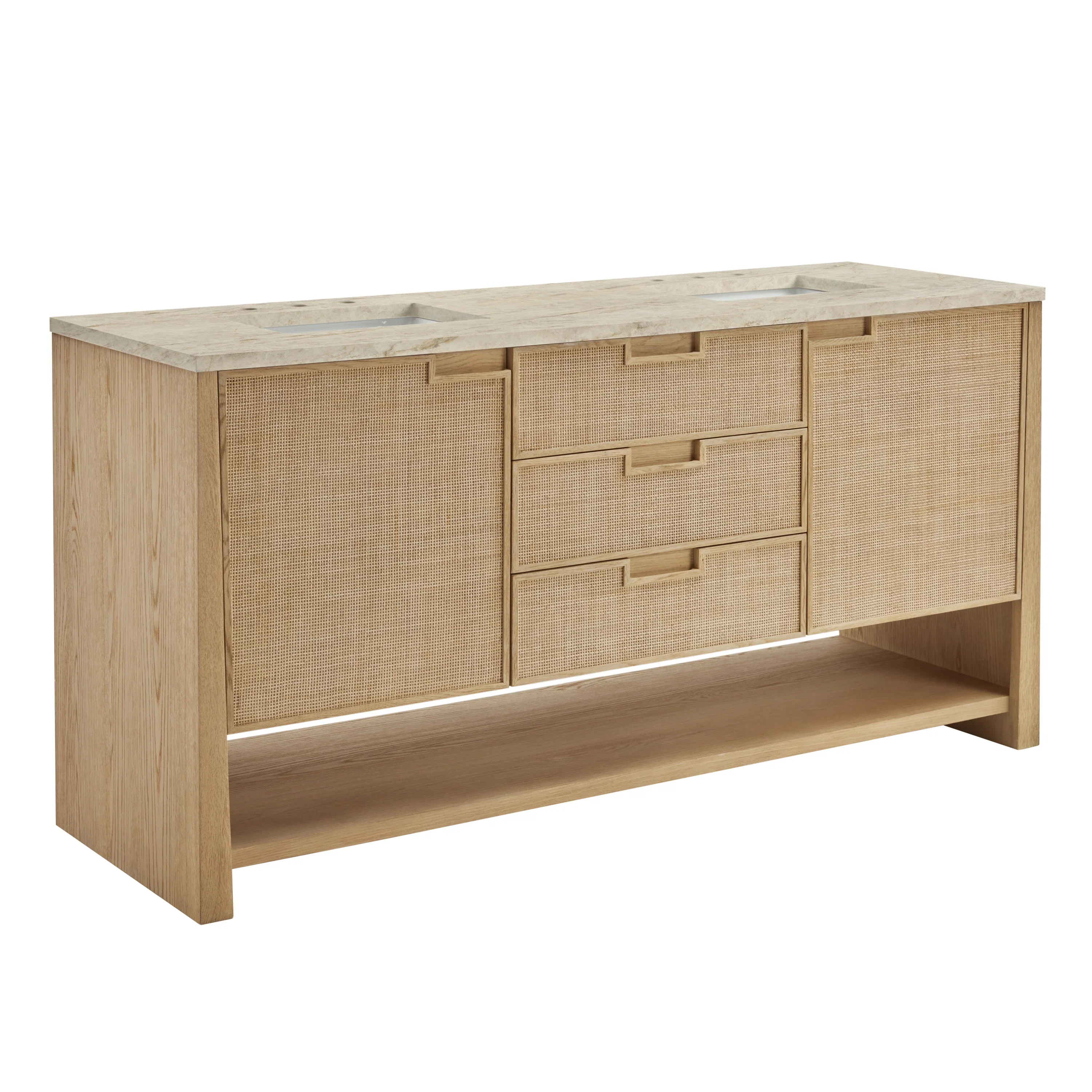 Solene 72" Double Vanity, Seaside Oak, w/ 3 CM Tajnar Eclos Top w/FreePower Wireless Charger